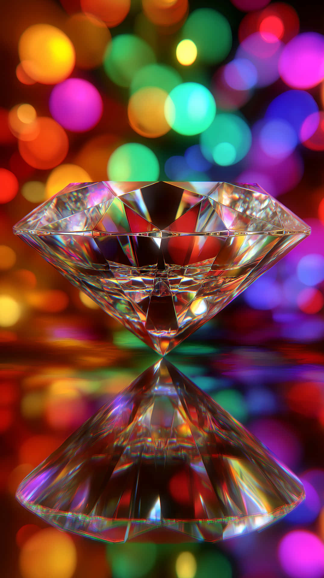 Diamond on Reflective Surface 壁紙 — 一顆閃閃發光的鑽石帶有彩虹反射，完美地映照在光澤表面上，背景是充滿活力的散景。