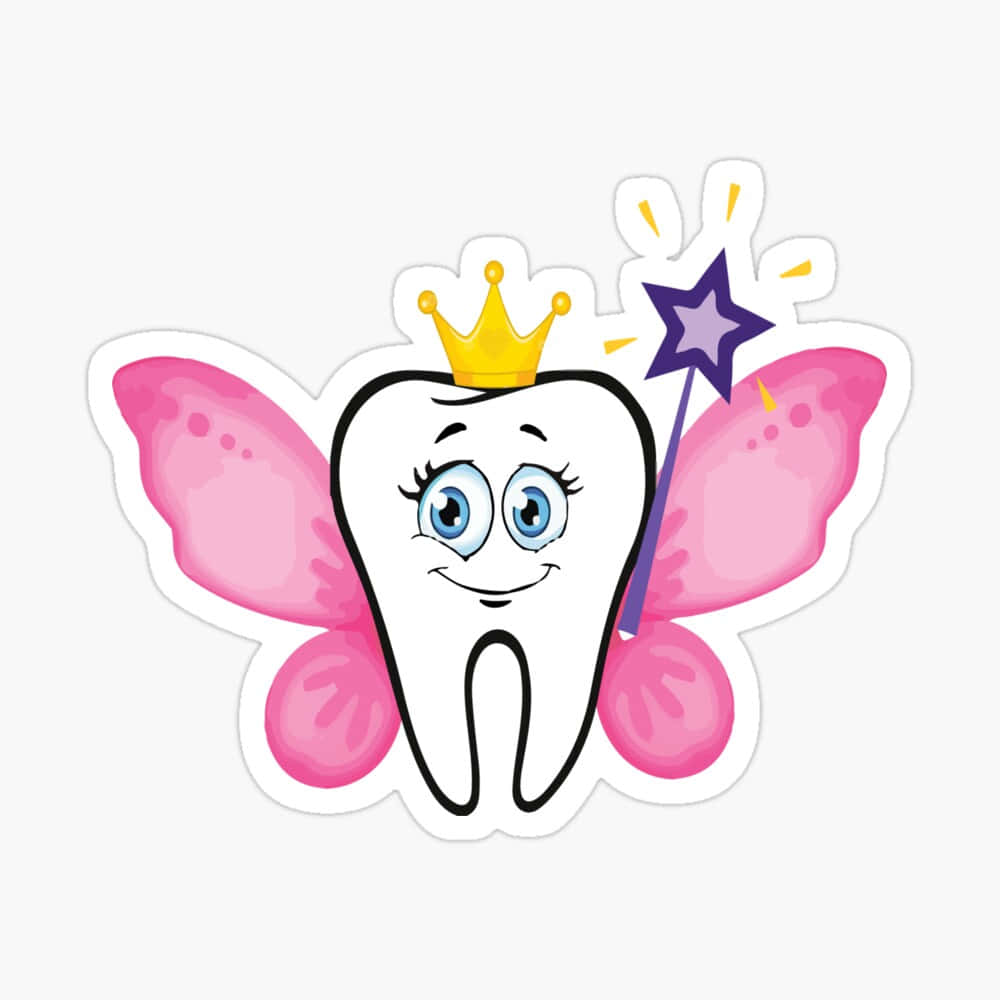 Tooth Fairy 桌布 壁紙 — 一顆開心的卡通牙齒，帶有粉紅色蝴蝶翅膀、金色皇冠和紫色魔法棒，周圍閃爍著光芒。