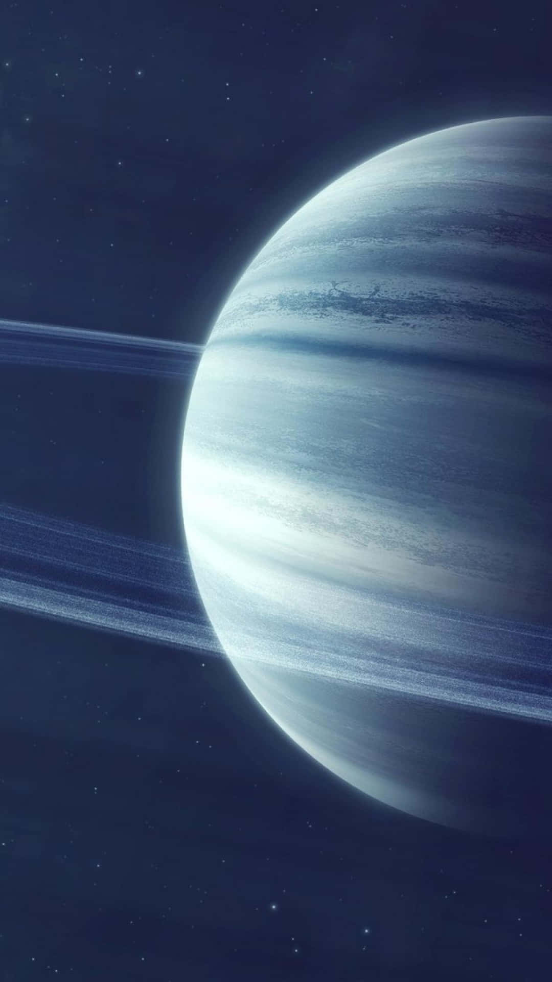 土星 桌布 壁紙 — 一顆雄偉的冰行星，帶有旋轉的藍色雲層和發光的環，主宰著繁星點點的宇宙空間。