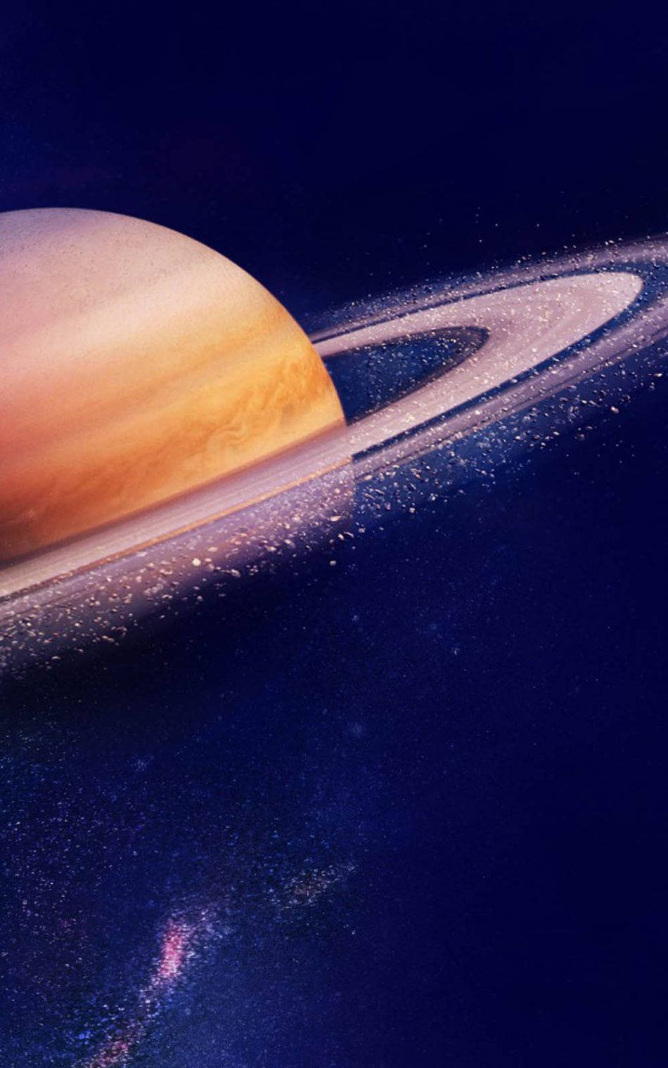 土星 桌布 壁紙 — 一顆雄偉的土星，帶有金色光環，在深藍色宇宙背景上閃耀，點綴著遙遠的星星。