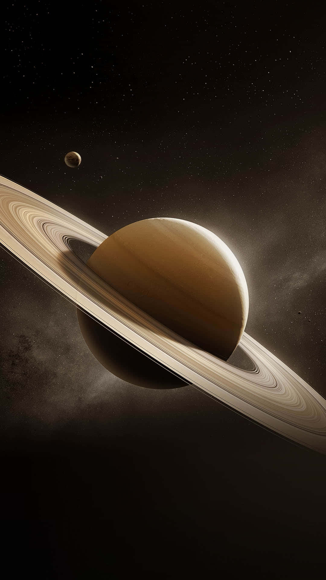 土星 桌布 壁紙 — 一顆雄偉的土星帶有複雜的環，在繁星點點的宇宙背景中閃耀，遠處還有一顆衛星。