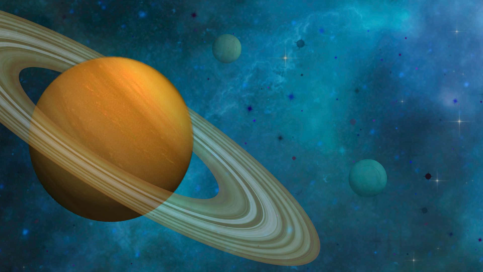 行星動畫 桌布 壁紙 — 一顆雄偉的橙色環狀行星主導著星光閃爍的藍綠色宇宙場景，遠處有衛星和發光的星雲。