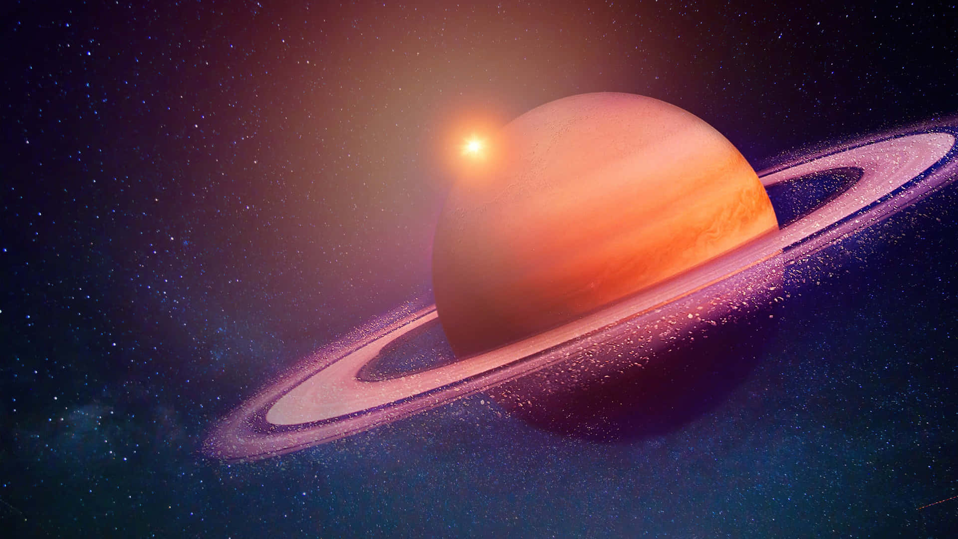 土星 桌布 壁紙 — 一顆雄偉的橙色環狀行星在星光宇宙背景下發光，背後有燦爛的太陽。