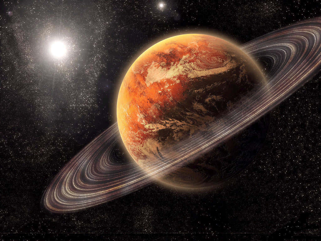 Geonosis 桌布 壁紙 — 一顆雄偉的橙色行星，帶有旋轉的雲層和複雜的環，在繁星點點的虛空中，在一顆明亮恆星下閃耀。