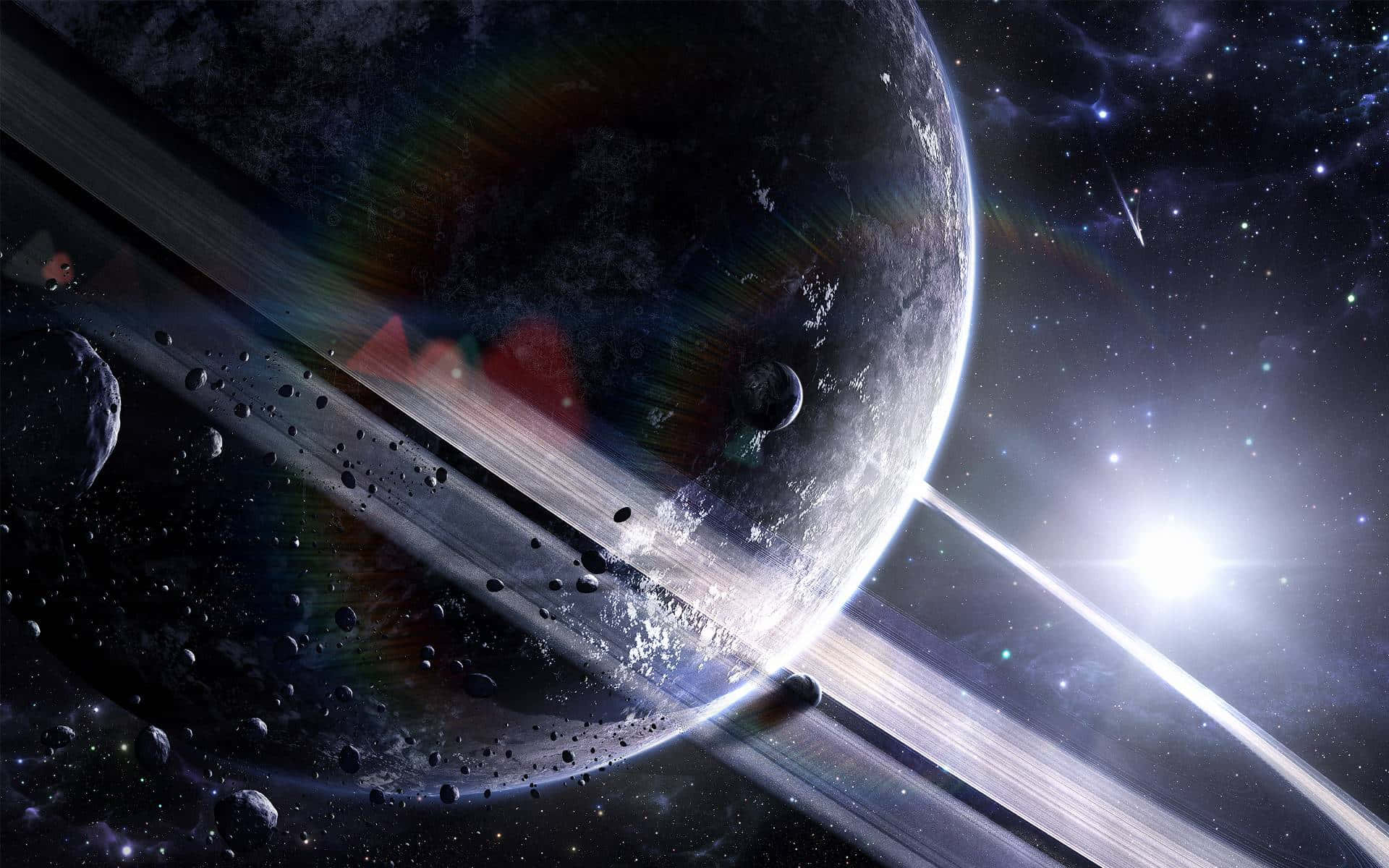 外太空 桌布 壁紙 — 一顆雄偉的環狀行星帶有鮮豔的彩虹光環，在星空中閃耀，明亮的太陽照亮了它的冰環和漂浮的小行星。