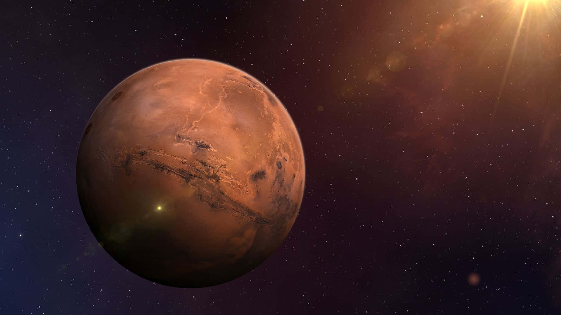行星動畫 桌布 壁紙 — 一顆雄偉的紅色行星火星在燦爛的太陽下，在繁星點點的宇宙背景和鏡頭光暈中閃耀。