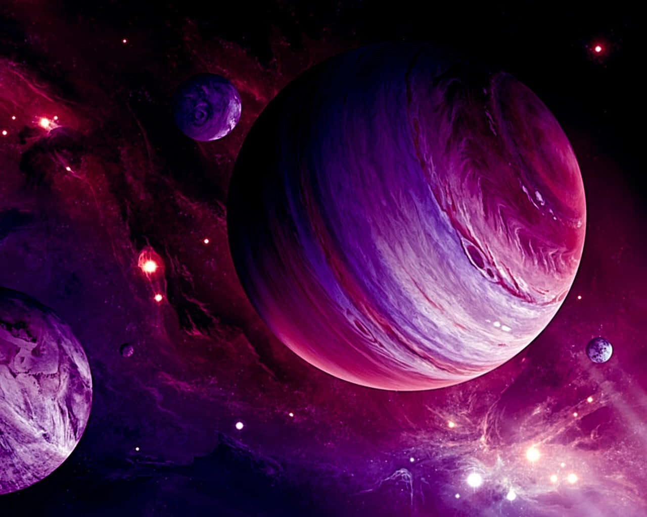 桌布 壁紙 — 一顆雄偉的紫色和粉紅色氣體巨星主宰著宇宙場景，伴隨著旋轉的雲層和發光的星雲。