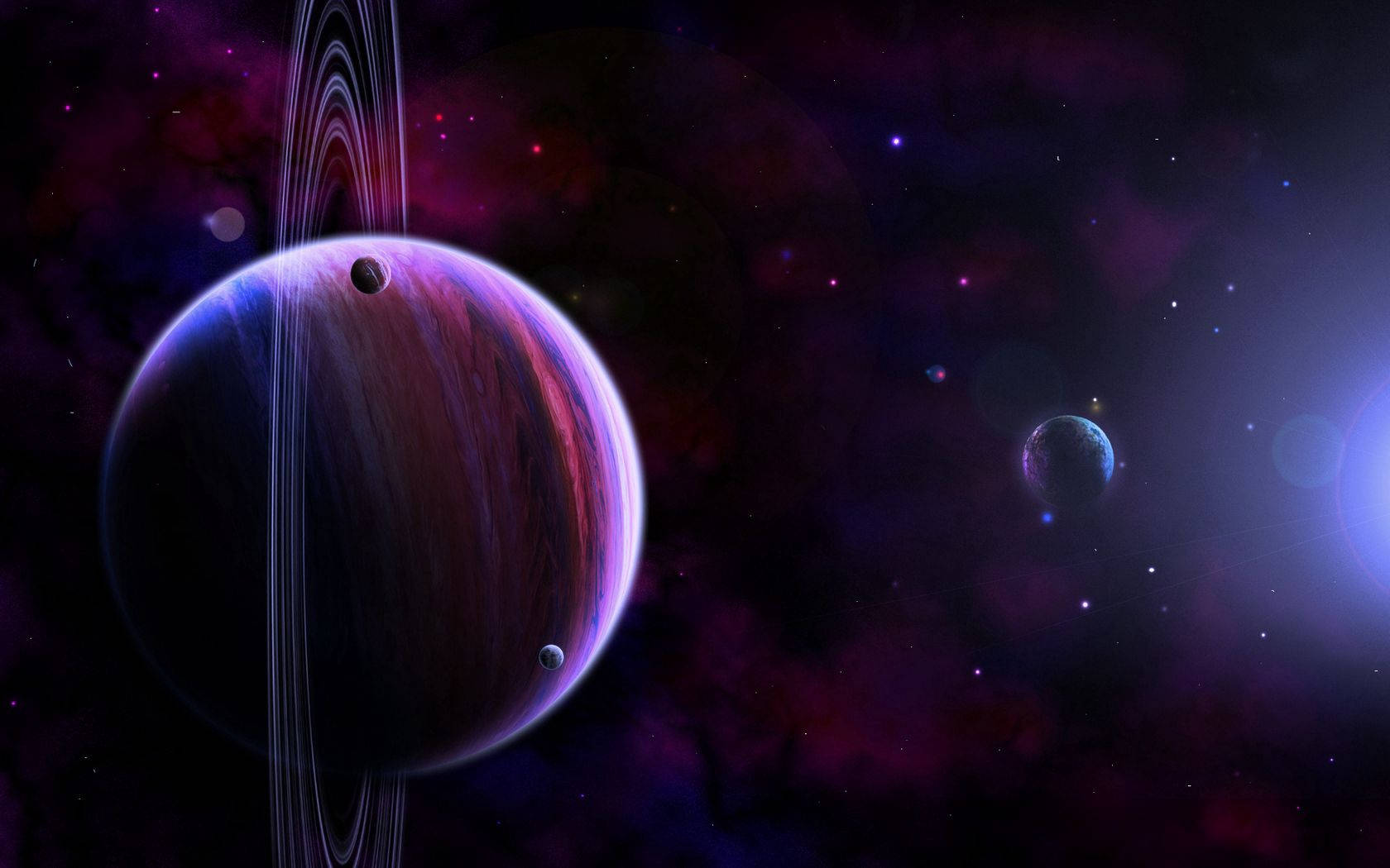 土星 桌布 壁紙 — 一顆雄偉的紫色和藍色環狀行星主導著星空宇宙場景，伴隨著發光的星雲和遙遠的衛星。