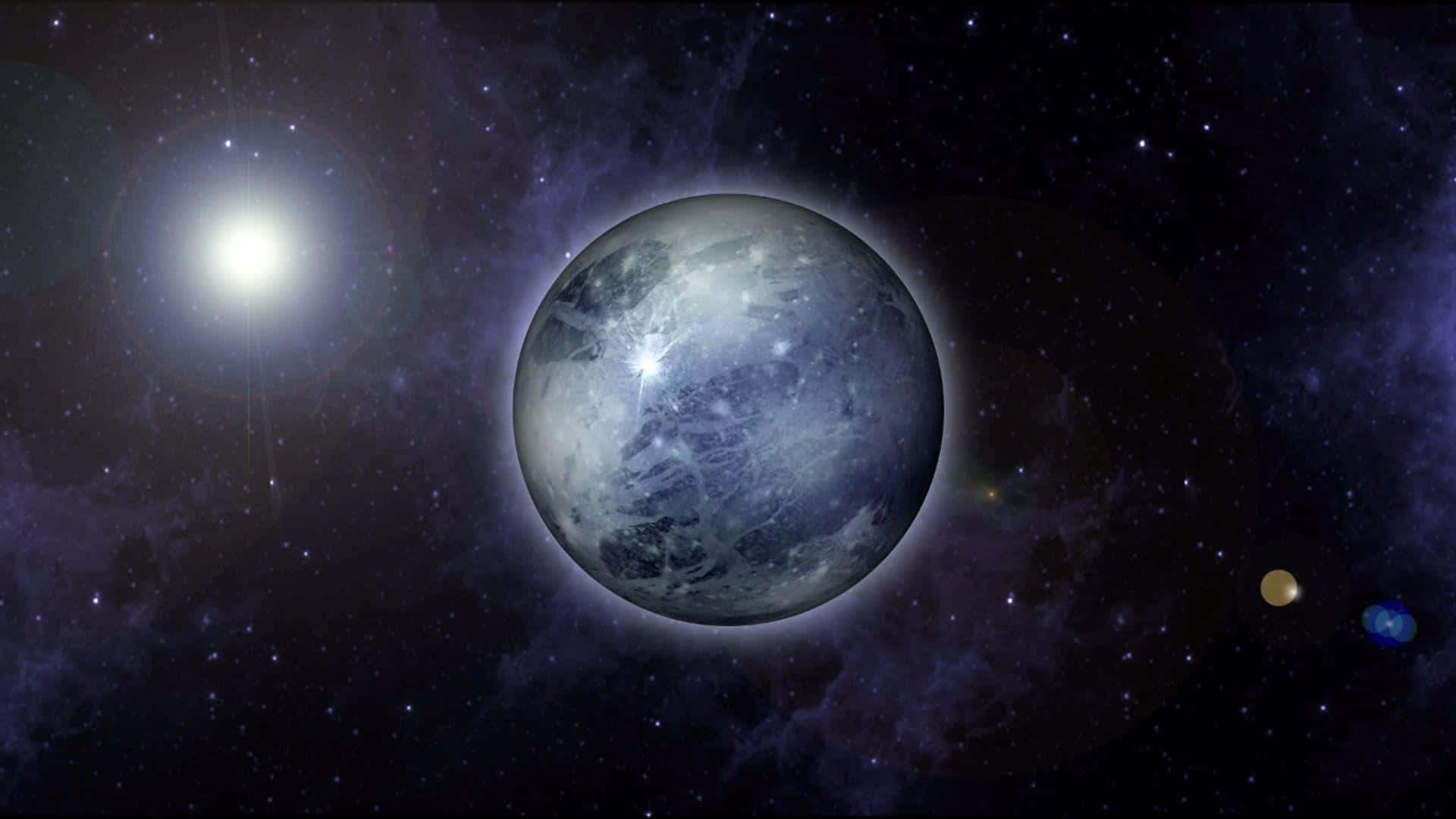 pluto 桌布 壁紙 — 一顆雄偉的藍白行星在旋轉的宇宙雲和遙遠天體中繞著一顆明亮的恆星運行。