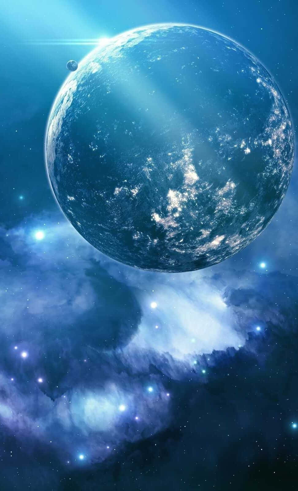 高清 桌布 壁紙 — 一顆雄偉的藍色星球，帶有旋轉的雲層和發光的城市燈光，在星光燦爛的星雲中寧靜地漂浮，沐浴在宇宙光中。