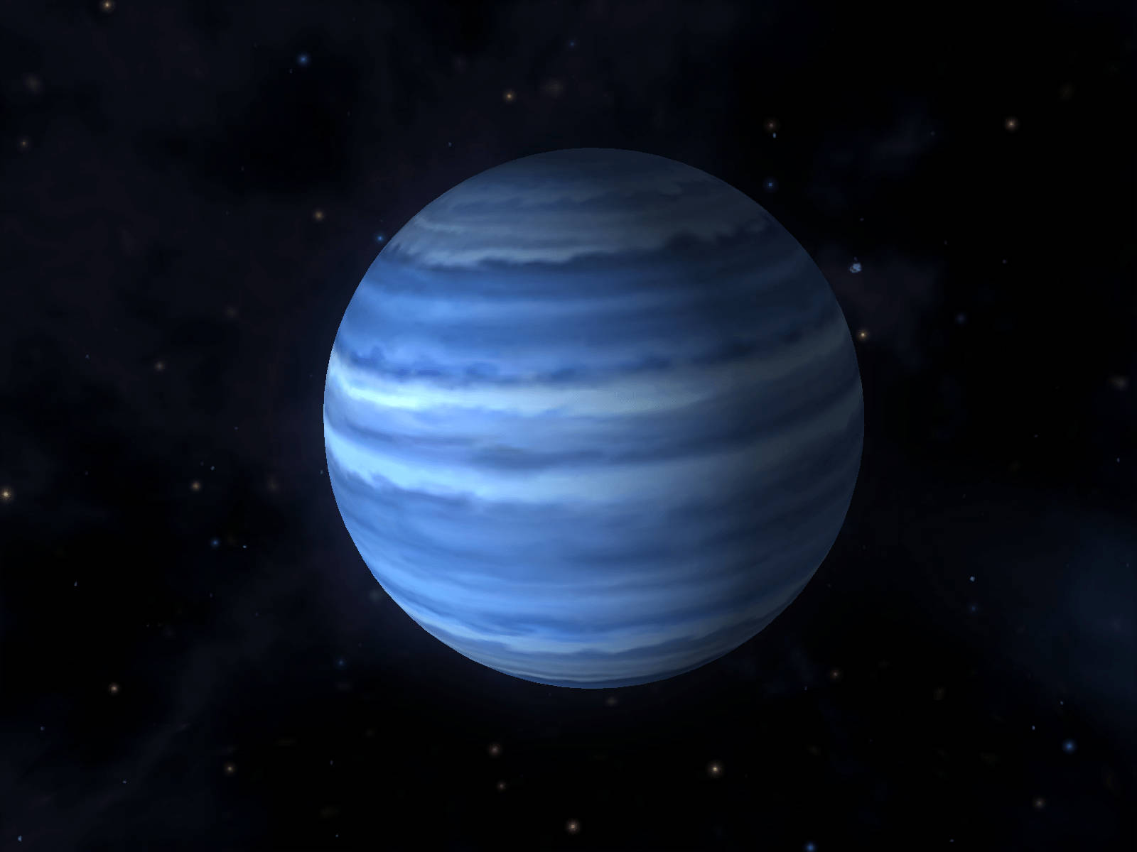 一顆在深空中、遙遠星群間的藍色氣體巨星，帶有旋轉的雲層。 — 行星動畫 壁紙