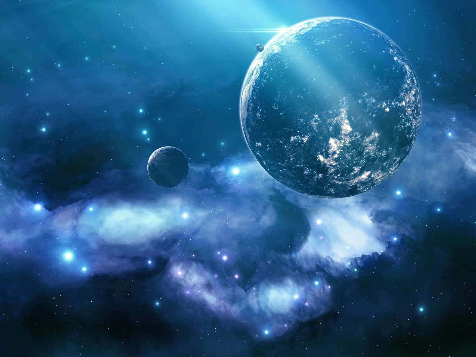 行星動畫 桌布 壁紙 — 一顆雄偉的藍色行星，帶有旋轉的雲層和發光的太陽光束，主宰著一個繁星點點的宇宙場景，其中有一個較小的衛星和充滿活力的星雲。