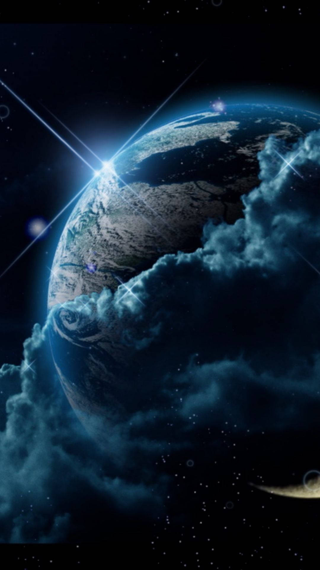 外太空 桌布 壁紙 — 一顆雄偉的藍色行星，帶有旋轉的雲層和明亮的星爆，在繁星點點的宇宙背景下發光。