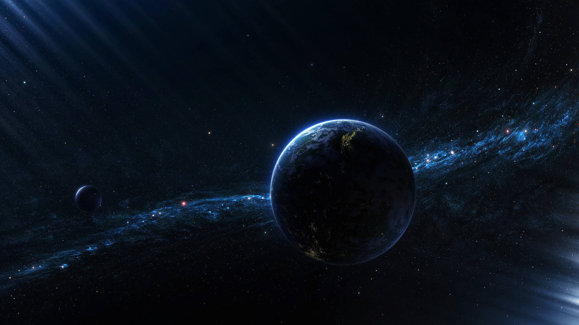 Space Pc 桌布 壁紙 — 一顆雄偉的藍色行星，帶有發光的城市燈光，在充滿活力的宇宙星雲和遙遠的恆星之間運行。