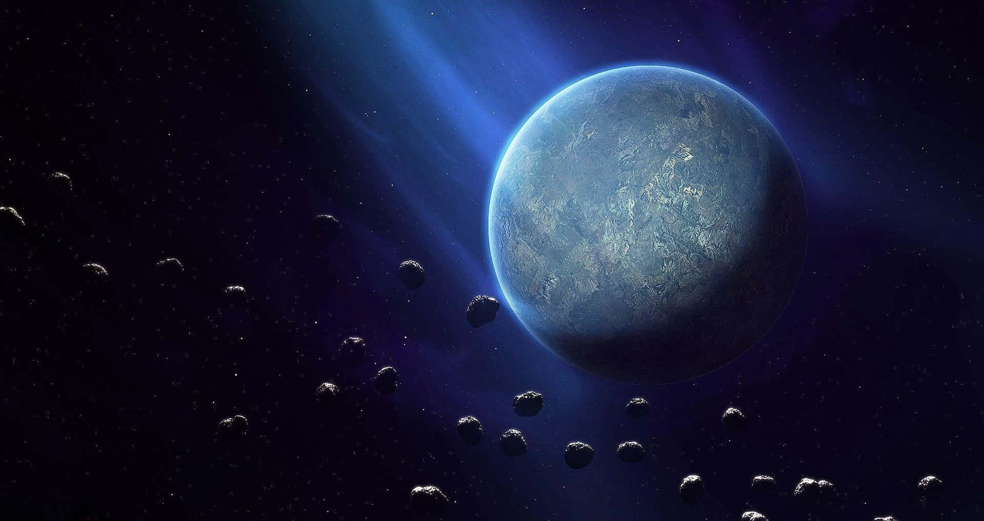 Asteroid 桌布 壁紙 — 一顆雄偉的藍色行星在星空中發光，漂浮的小行星在深空中投下陰影。
