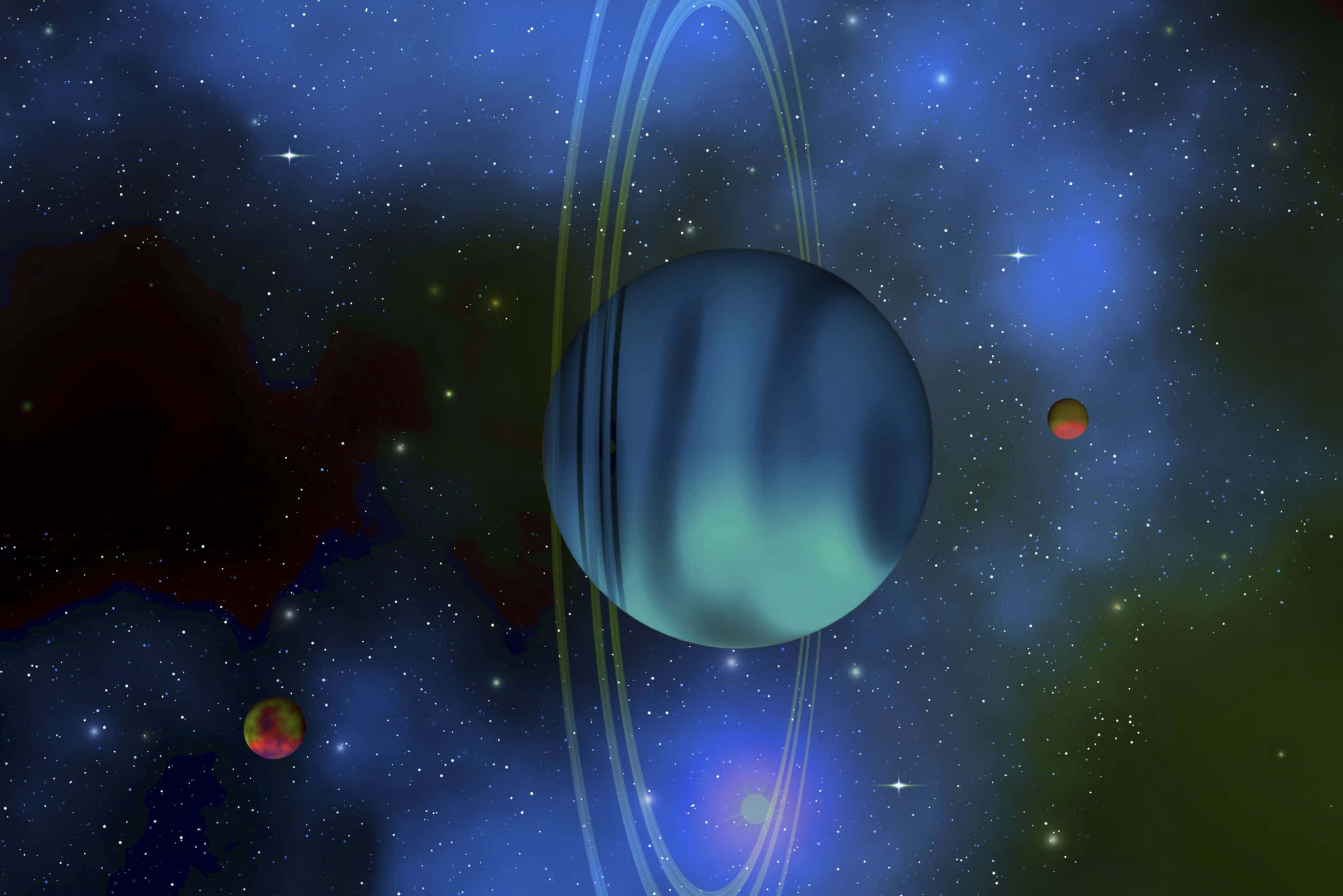 Uranus 桌布 壁紙 — 一顆雄偉的藍色行星帶有發光的光環，主宰著繁星點點的宇宙場景，遠處有色彩繽紛的衛星。