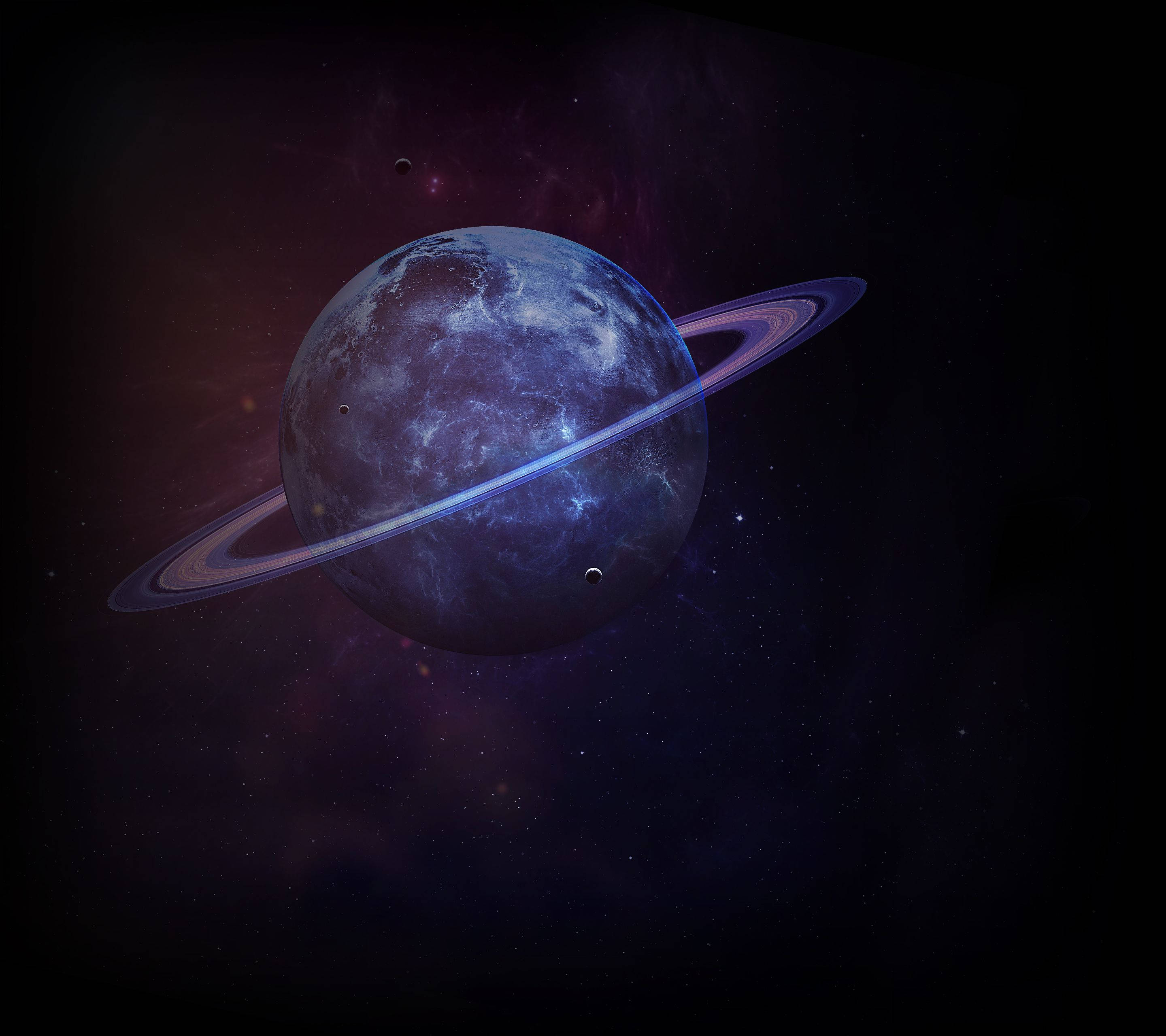 土星 桌布 壁紙 — 一顆雄偉的藍色行星帶著發光的環，漂浮在充滿宇宙塵埃和遙遠衛星的星雲中。