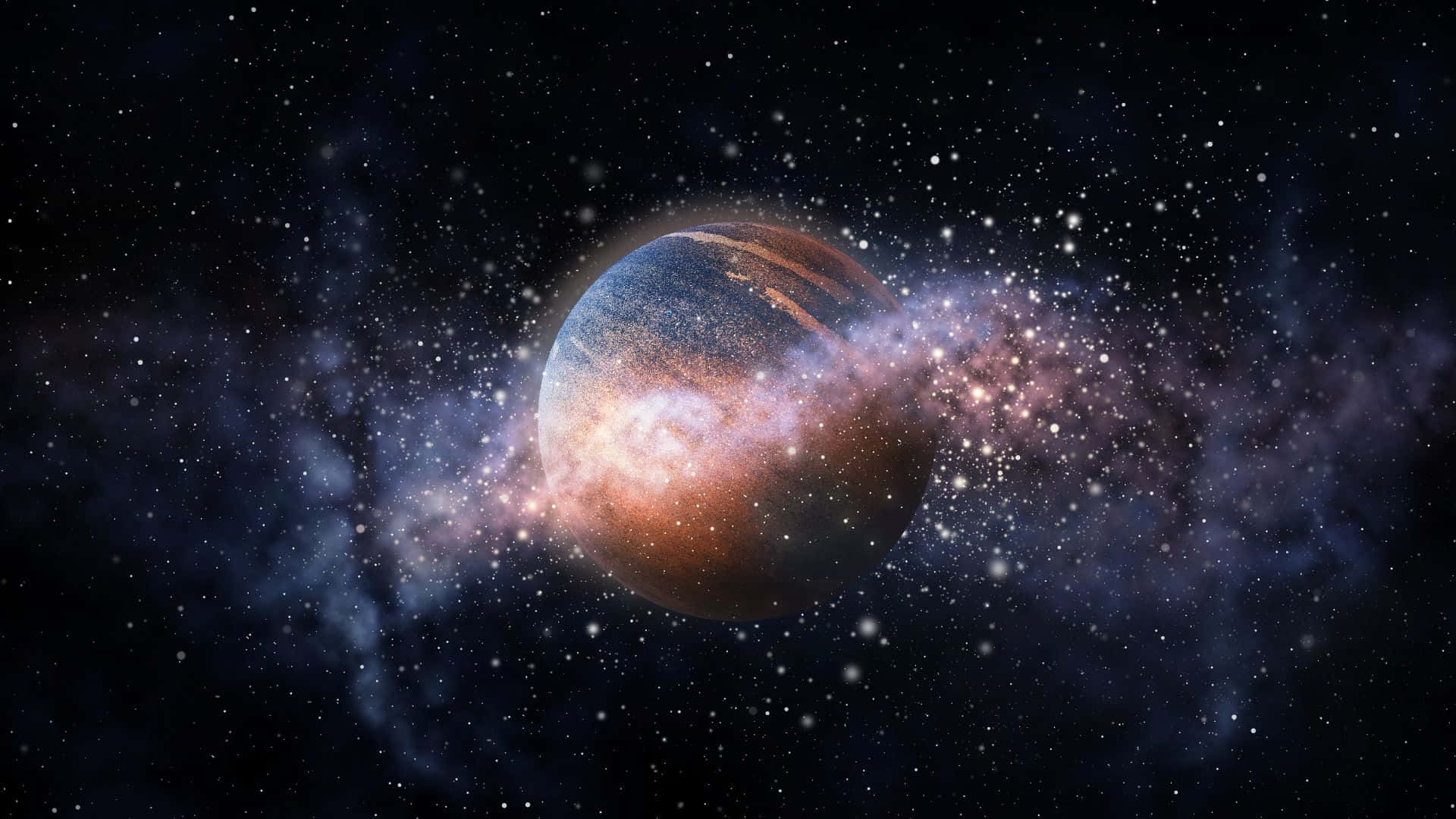 行星動畫 桌布 壁紙 — 一顆雄偉的行星，帶有旋轉的橙色和藍色雲彩，漂浮在星場和發光的宇宙星雲中。