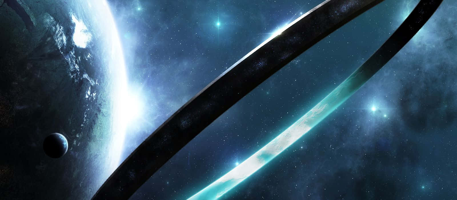 Halo Ring 桌布 壁紙 — 一顆雄偉的行星，帶有發光的光環和明亮的太陽，照亮了繁星點點的宇宙空間。