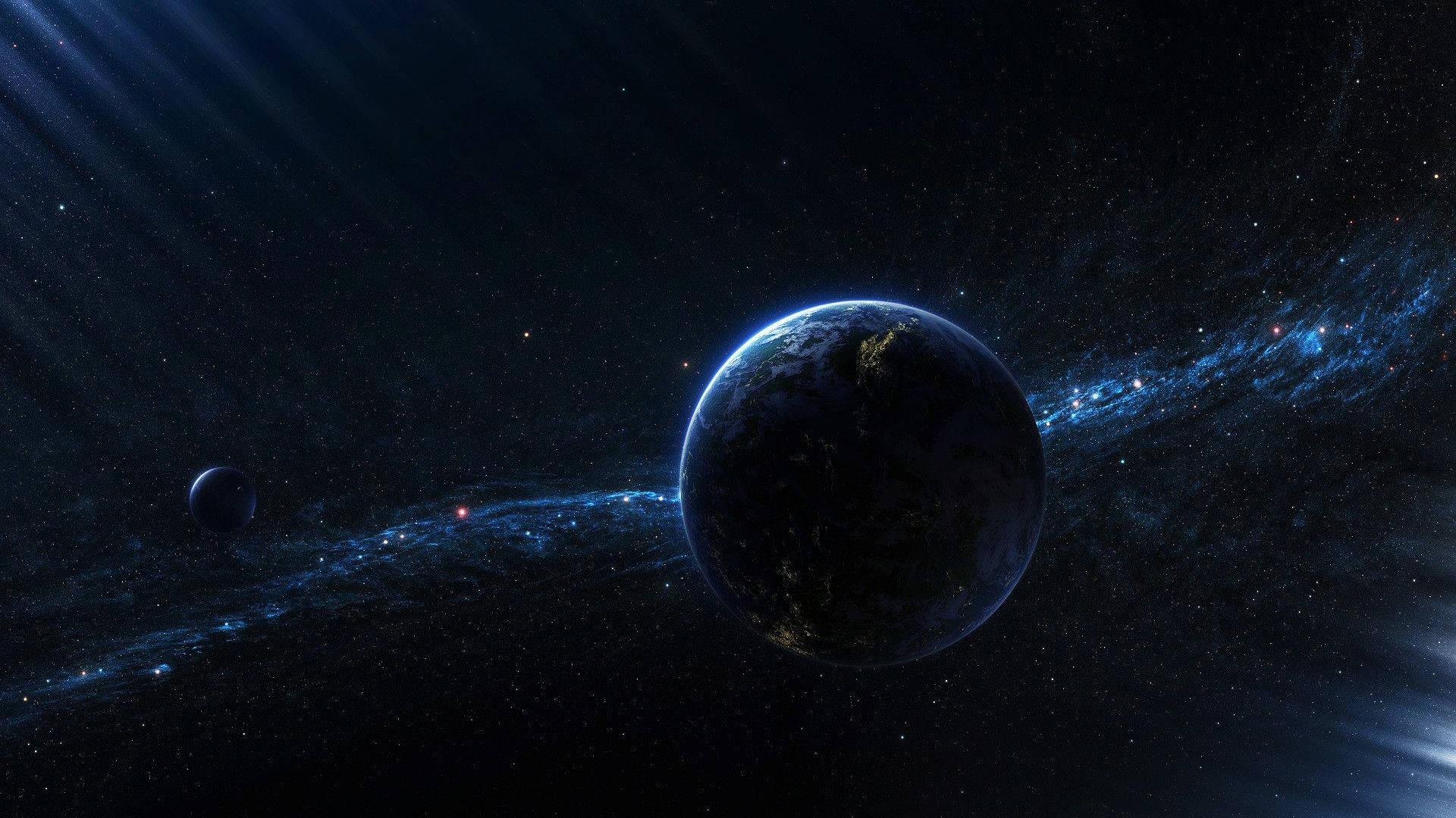 Stars 桌布 壁紙 — 一顆雄偉的行星，帶有發光的藍色極光和遙遠的恆星，沐浴在宇宙光中，背景是繁星點點的虛空。