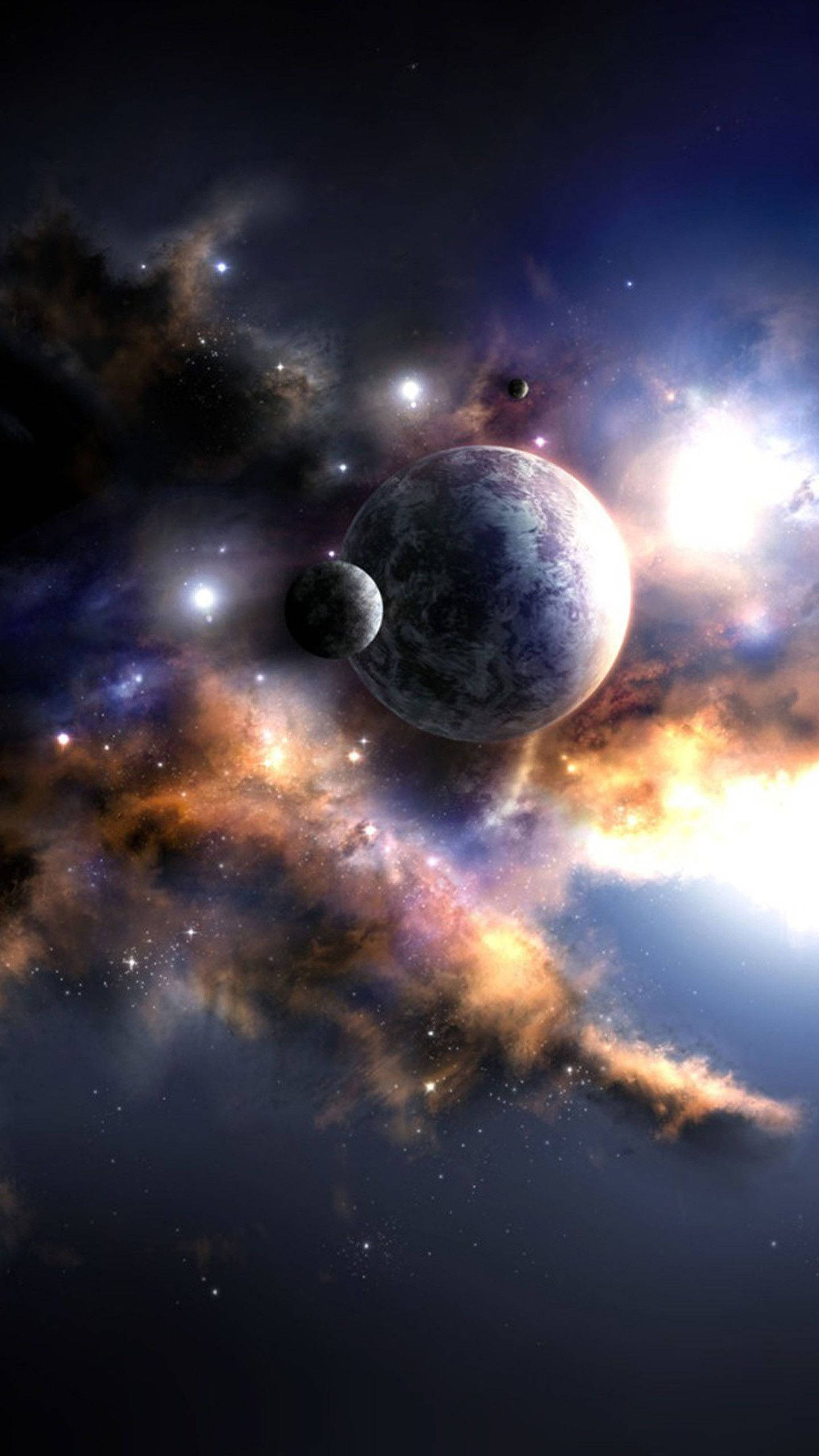 人像動態 桌布 壁紙 — 一顆雄偉的行星伴隨著一顆衛星，在旋轉的宇宙雲和閃爍的星星之間，於充滿活力的星雲中運行。