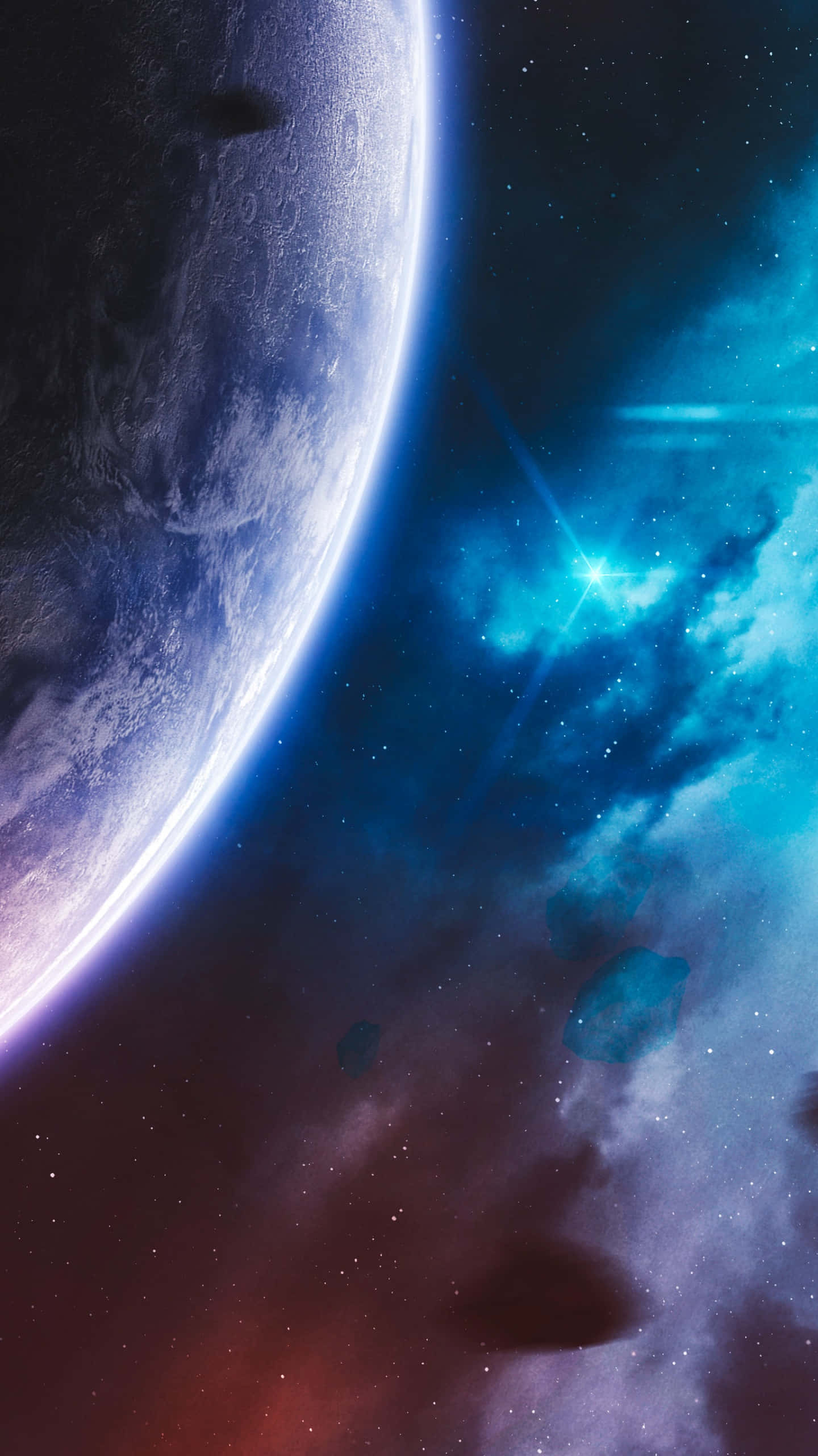 桌布 壁紙 — 一顆雄偉的行星在充滿活力的宇宙背景中彎曲，背景是發光的藍色星雲和散落的星星。