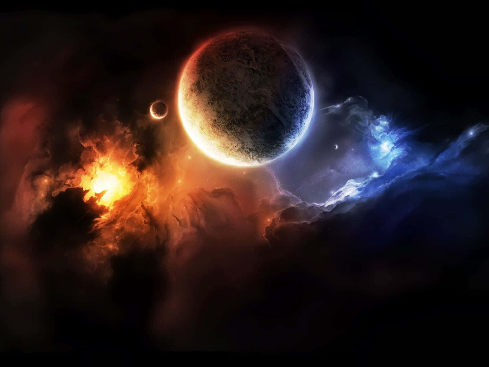 外太空 桌布 壁紙 — 一顆雄偉的行星在熾熱橙色和電光藍色星雲的宇宙背景下發光，附近有一顆小衛星在軌道上運行。