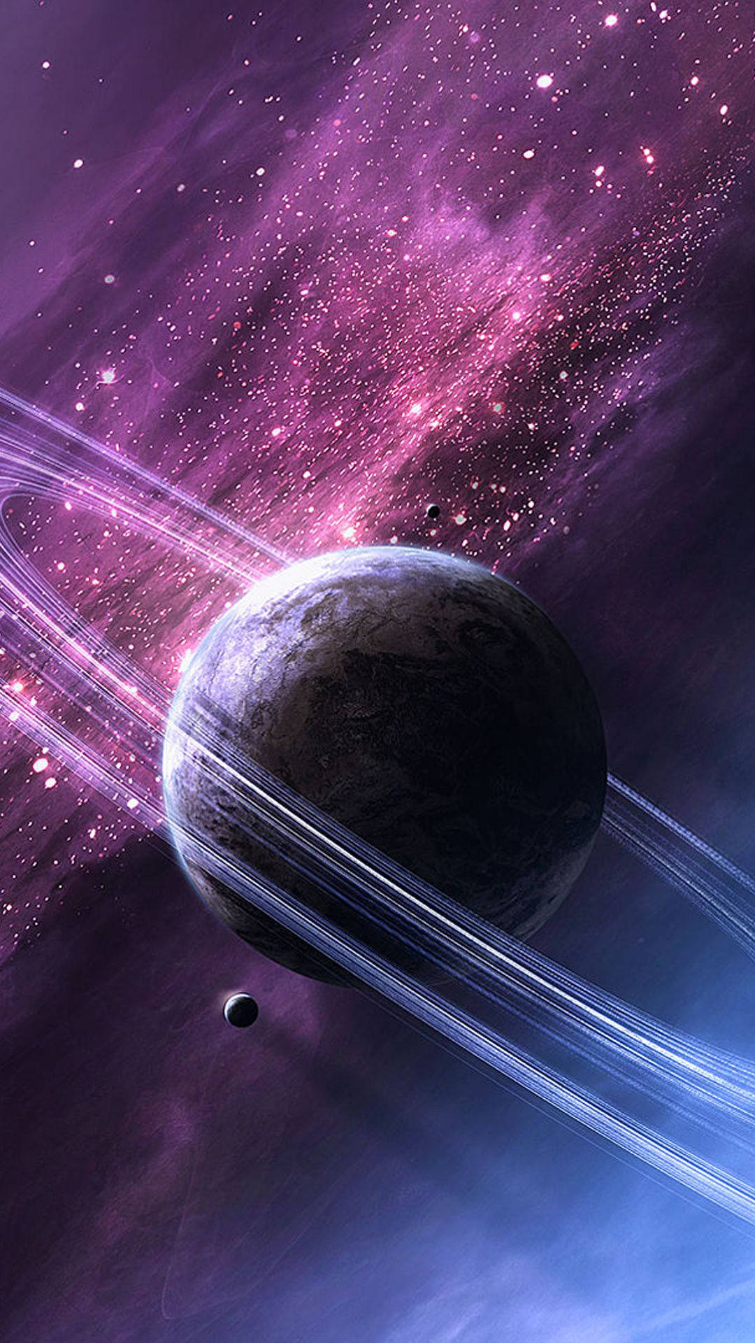 Stars 桌布 壁紙 — 一顆雄偉的行星帶有發光的光環，在充滿閃爍星光的紫色星雲中運行。