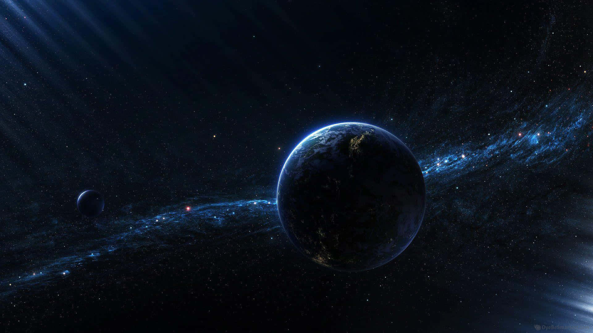 Black Space 桌布 壁紙 — 一顆雄偉的行星帶著發光的城市燈光，在繁星點點的宇宙天空下繞著充滿活力的藍色星雲運行。