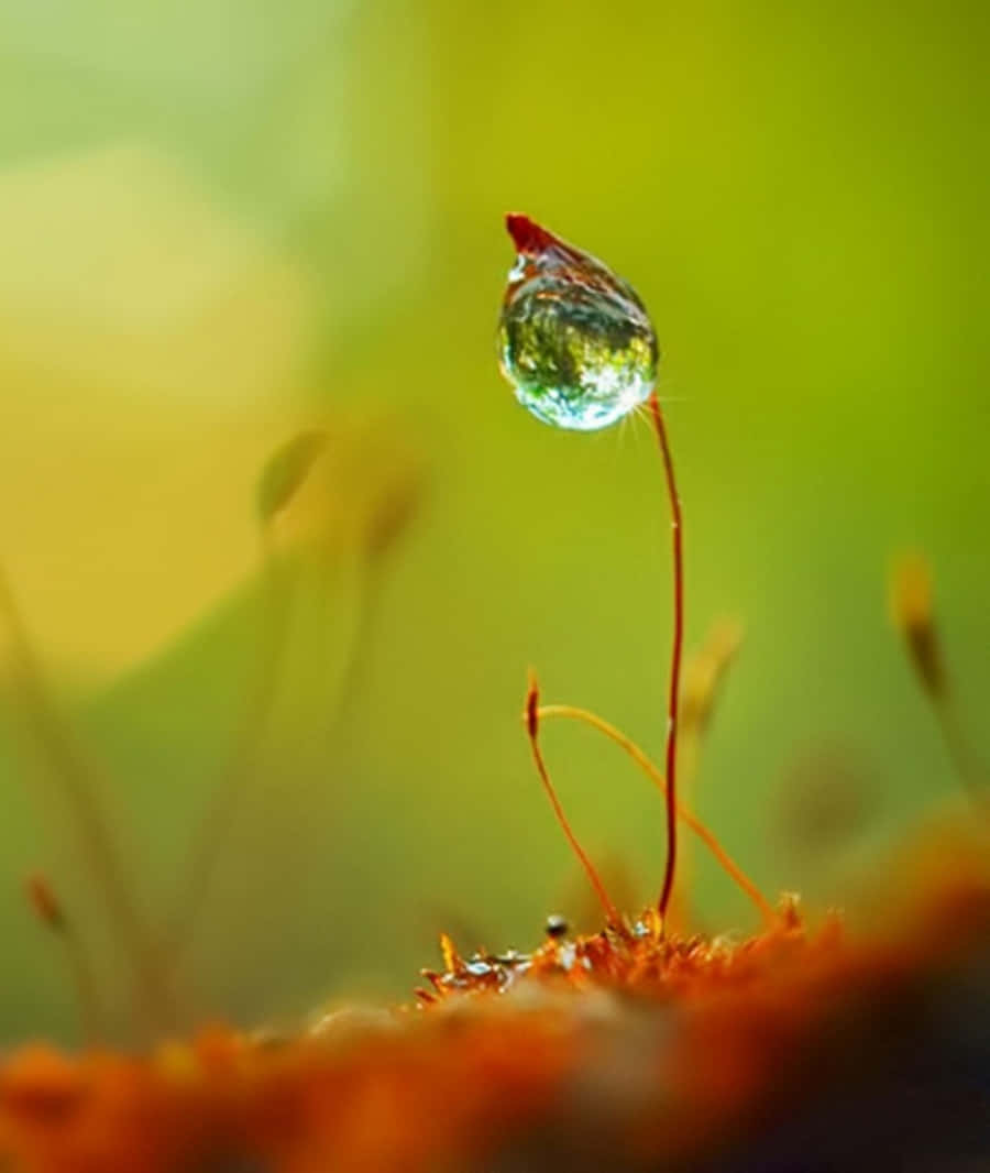 Water Drop 桌布 壁紙 — 一顆露珠在纖細的苔蘚莖上閃閃發光，背景是柔和的綠色和黃色模糊效果。