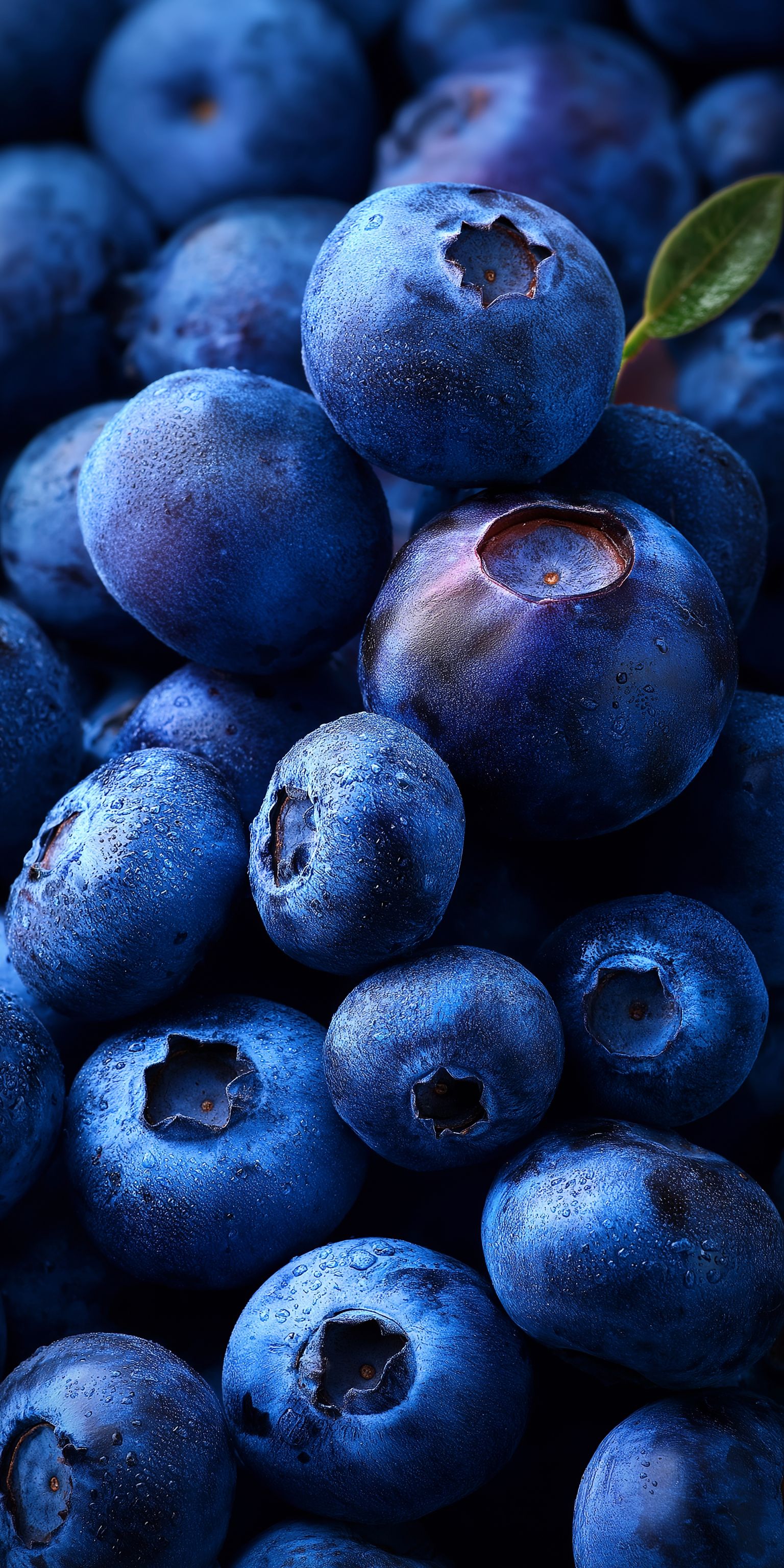 Fruit 桌布 壁紙 — 一顆顆飽滿的藍莓閃爍著露珠的特寫，其中夾雜著一片綠葉。