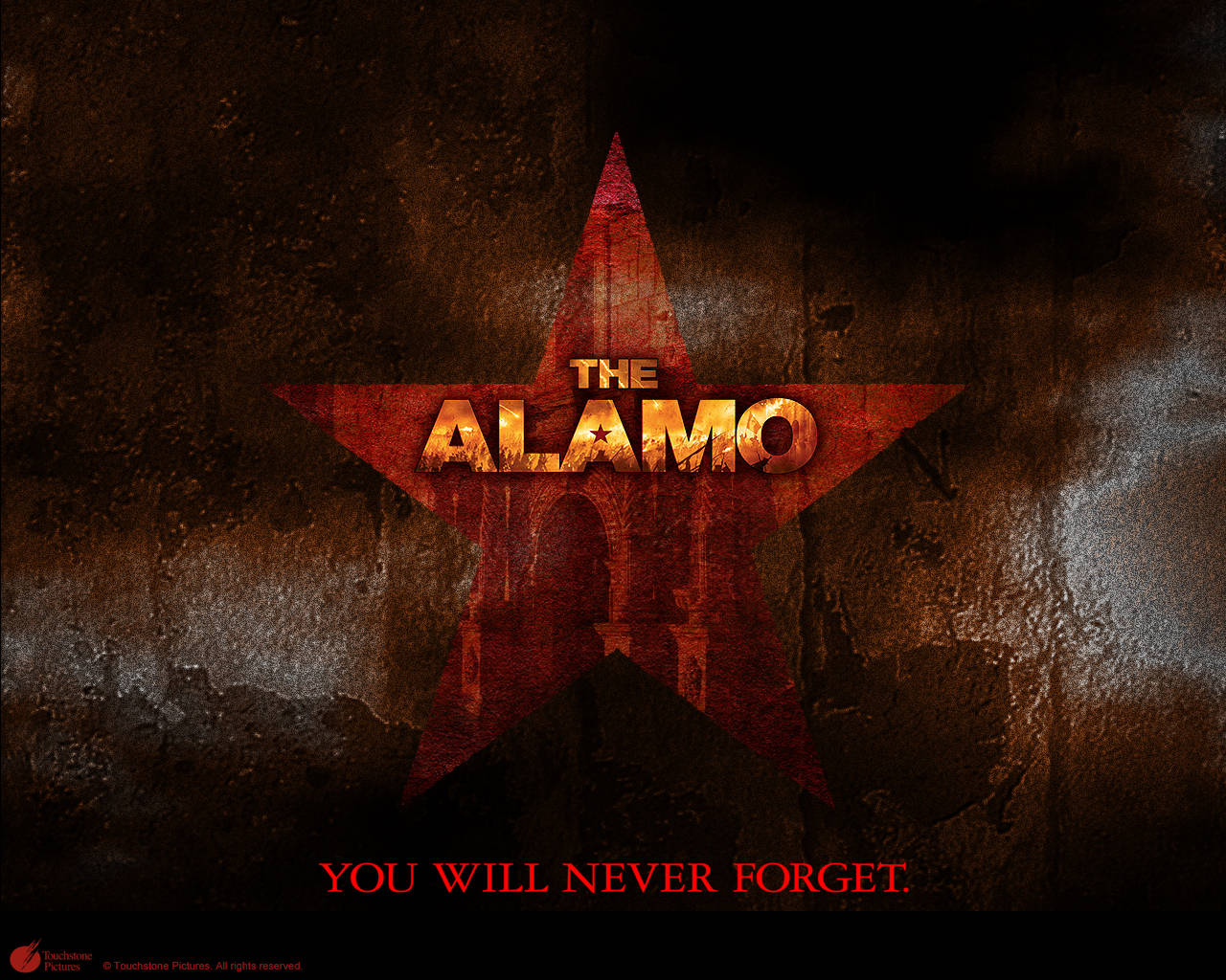 電影動圖 桌布 壁紙 — 一顆風化的紅色星星，上面有發光金色文字 'THE ALAMO'，背景是粗糙的深棕色紋理牆壁。
