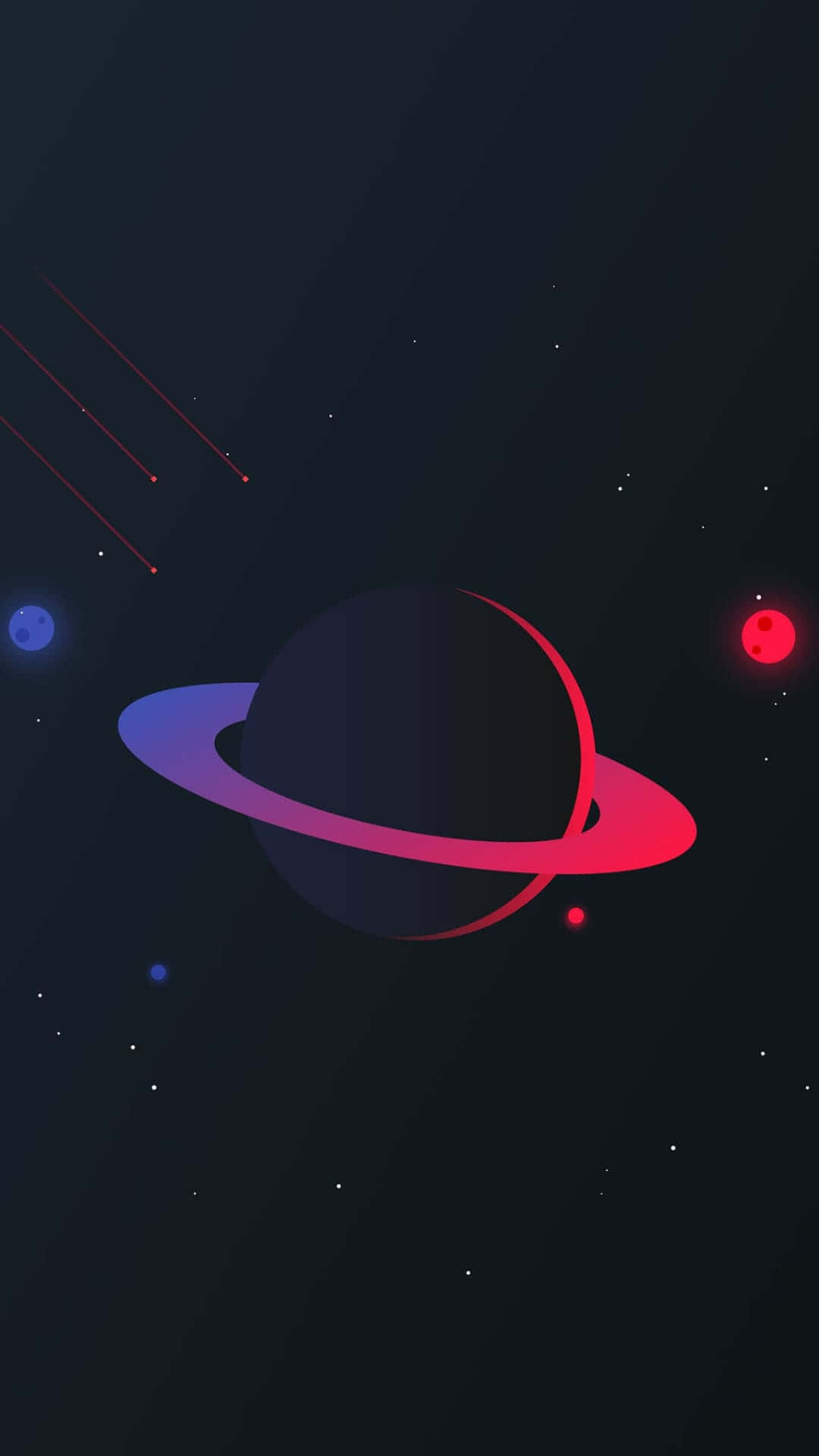 土星 桌布 壁紙 — 一顆風格化的行星，帶有發光的粉紅色和藍色光環，漂浮在黑暗的宇宙虛空中，點綴著星星和色彩繽紛的天體。