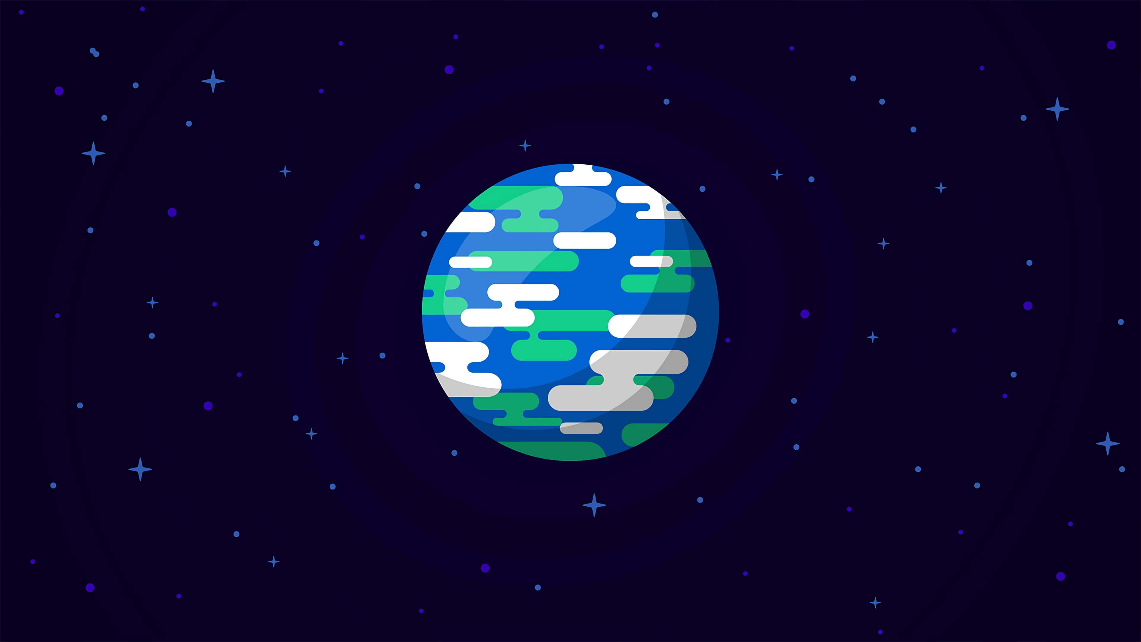 vector 桌布 壁紙 — 一顆風格化的行星，帶有綠色陸地和白色雲朵，漂浮在繁星點點的深藍色太空中。