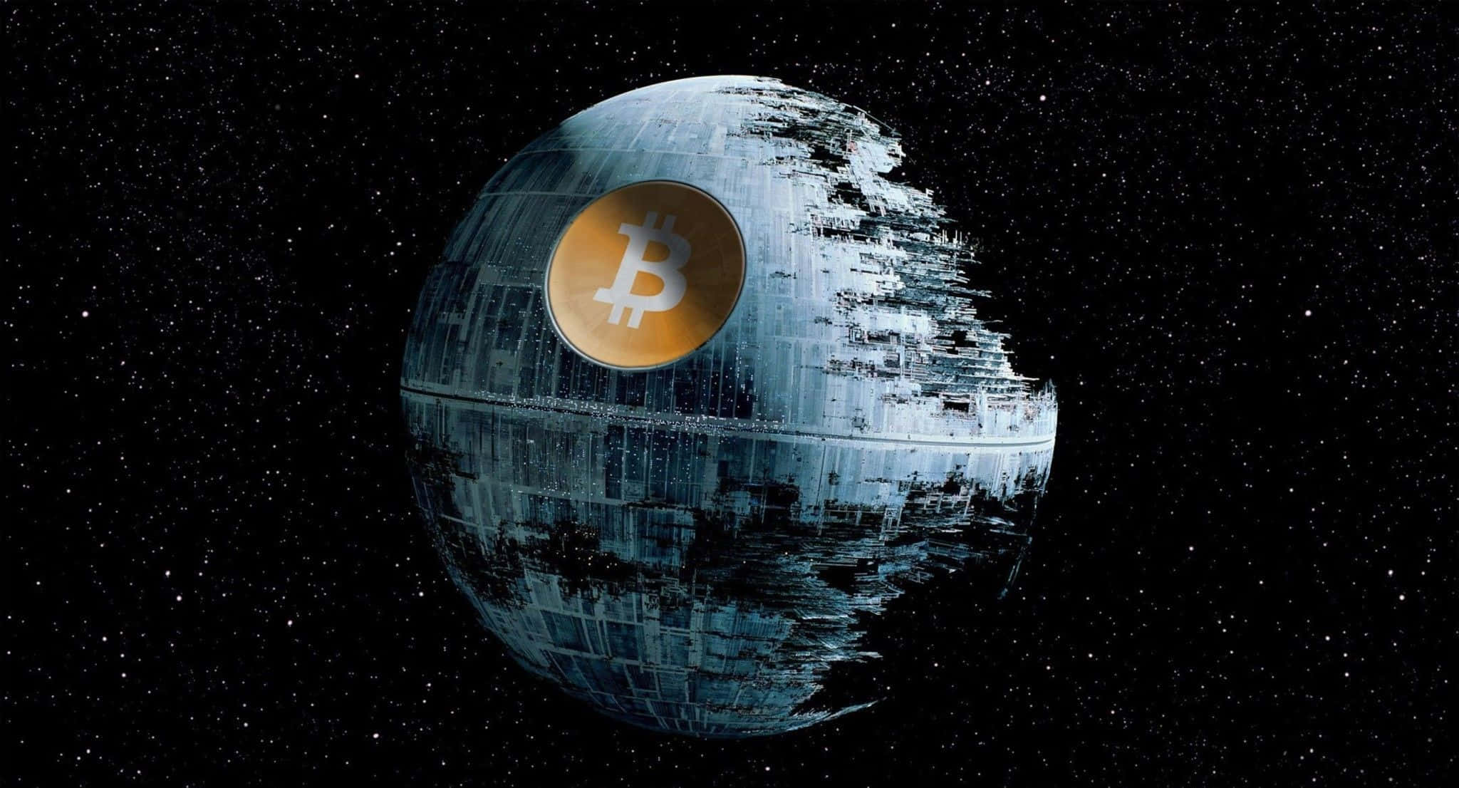 4K Bitcoin 桌布 壁紙 — 一顆飽經風霜的死星，表面嵌有發光的比特幣符號，漂浮在星空中。