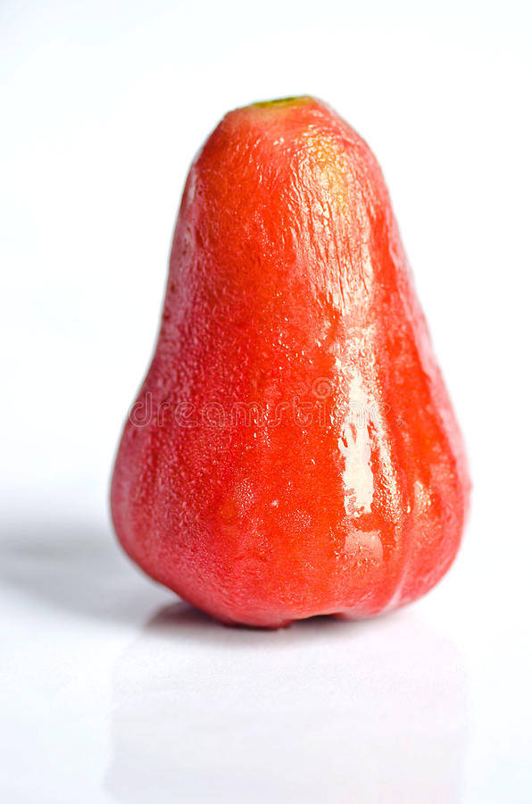 Fruits 桌布 壁紙 — 一顆鮮紅的玫瑰蘋果在純白背景上閃爍著水珠。
