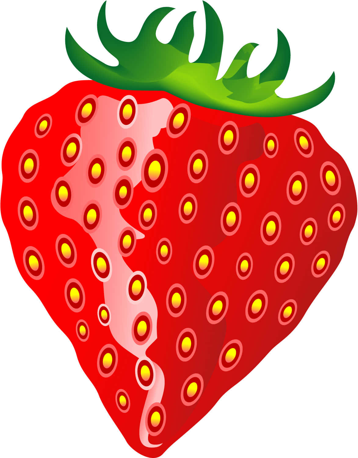 Clip Art 桌布 壁紙 — 一顆鮮紅的草莓，帶有黃色種子和綠色葉子，以大膽的數位插畫風格呈現。