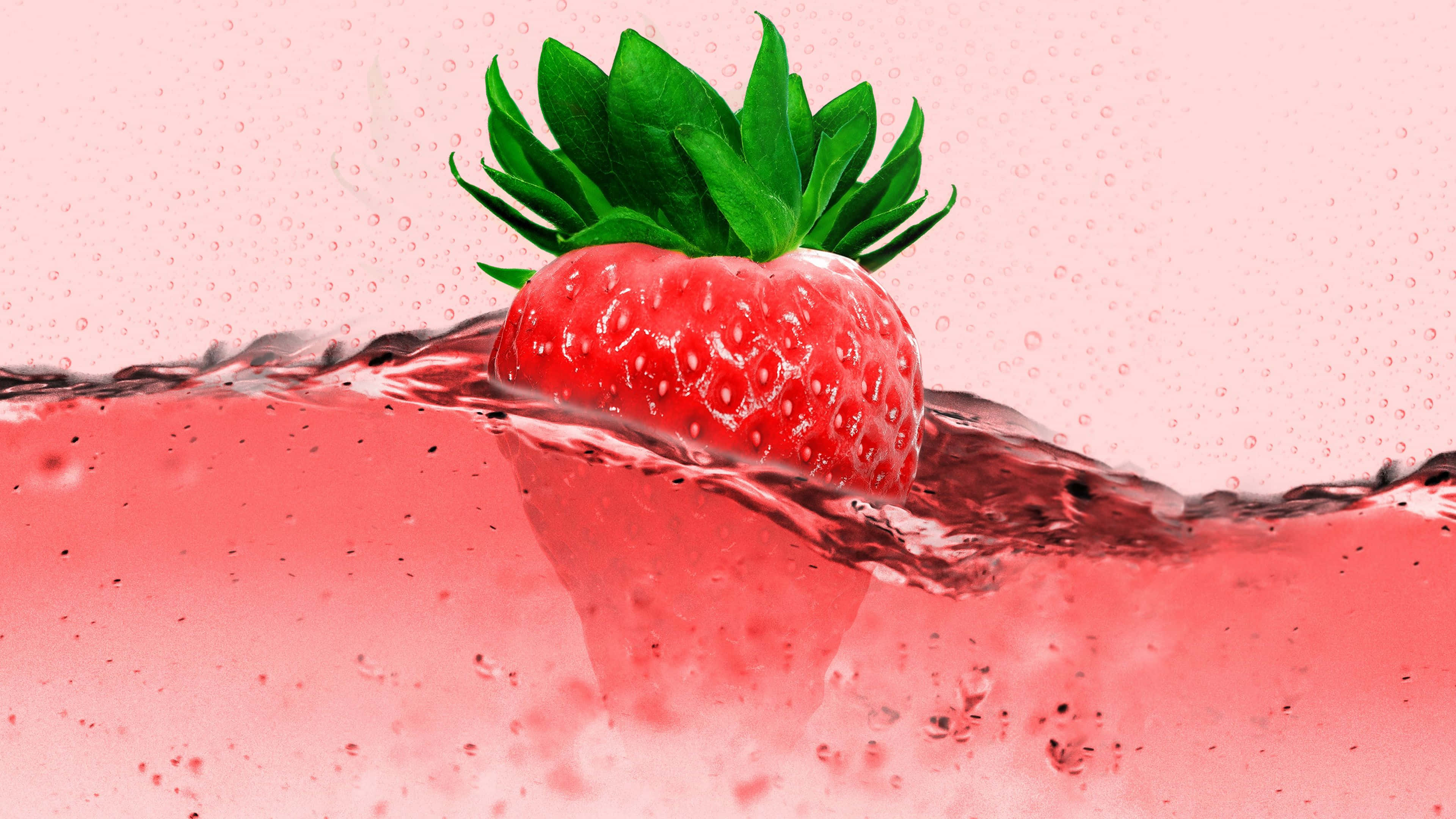 Cute Strawberry 桌布 壁紙 — 一顆鮮紅的草莓帶著綠葉衝破粉紅色的水，產生漣漪和水滴。