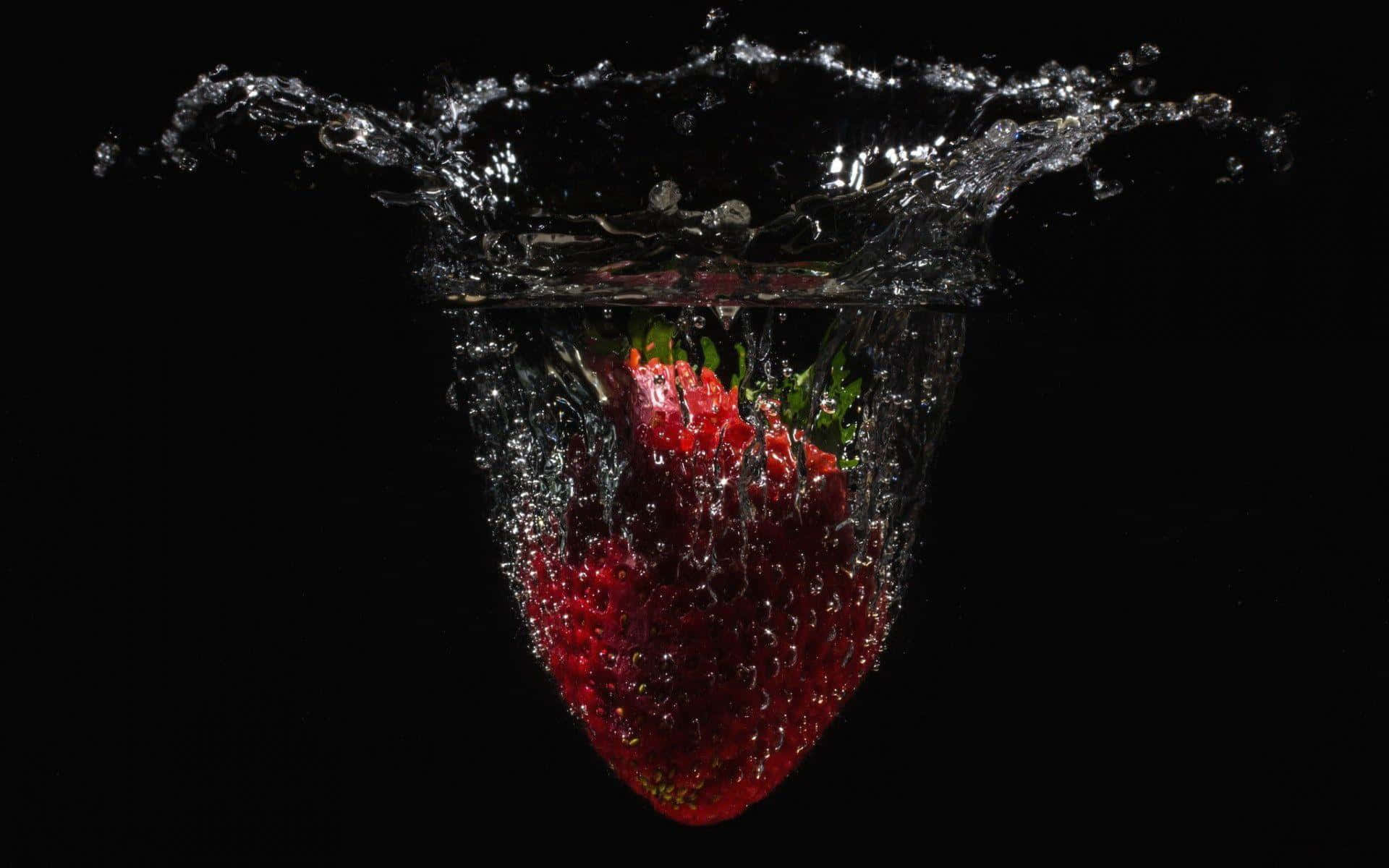 Cute Strawberry 桌布 壁紙 — 一顆鮮紅的草莓掉入水中，在黑色背景上形成戲劇性的水花。
