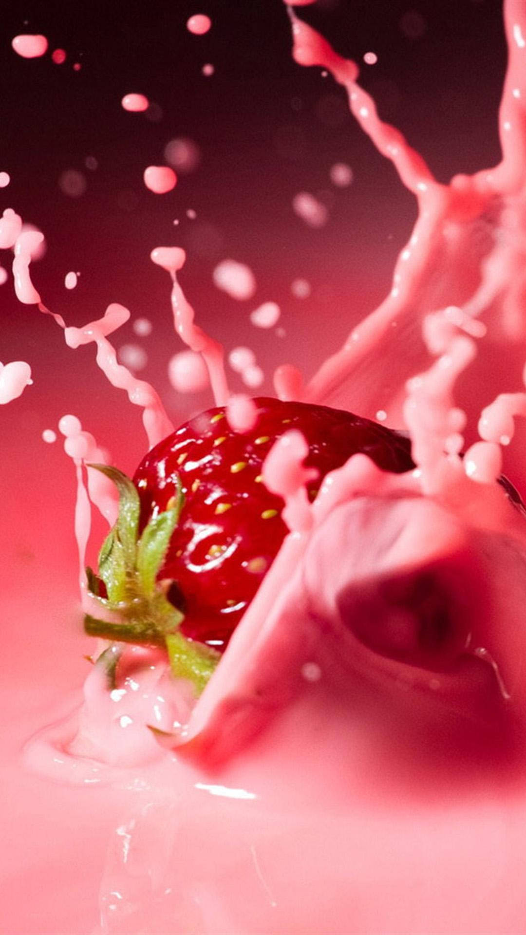 Strawberry Milk 桌布 壁紙 — 一顆鮮紅的草莓穿過粉紅色液體飛濺，在深色漸變背景上形成動態水滴。
