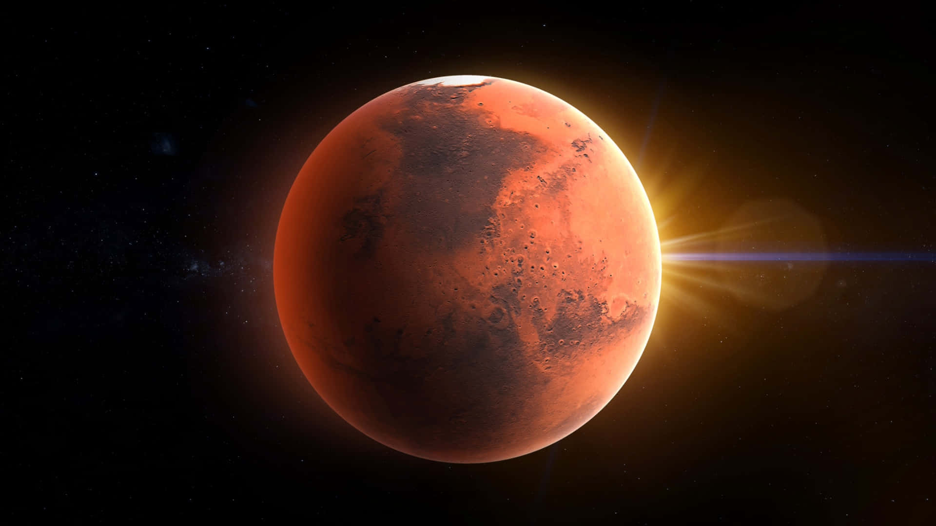 Mars Planet 桌布 壁紙 — 一顆鮮紅色的火星在佈滿星星的黑色天空中發光，右側有明亮的太陽耀斑。