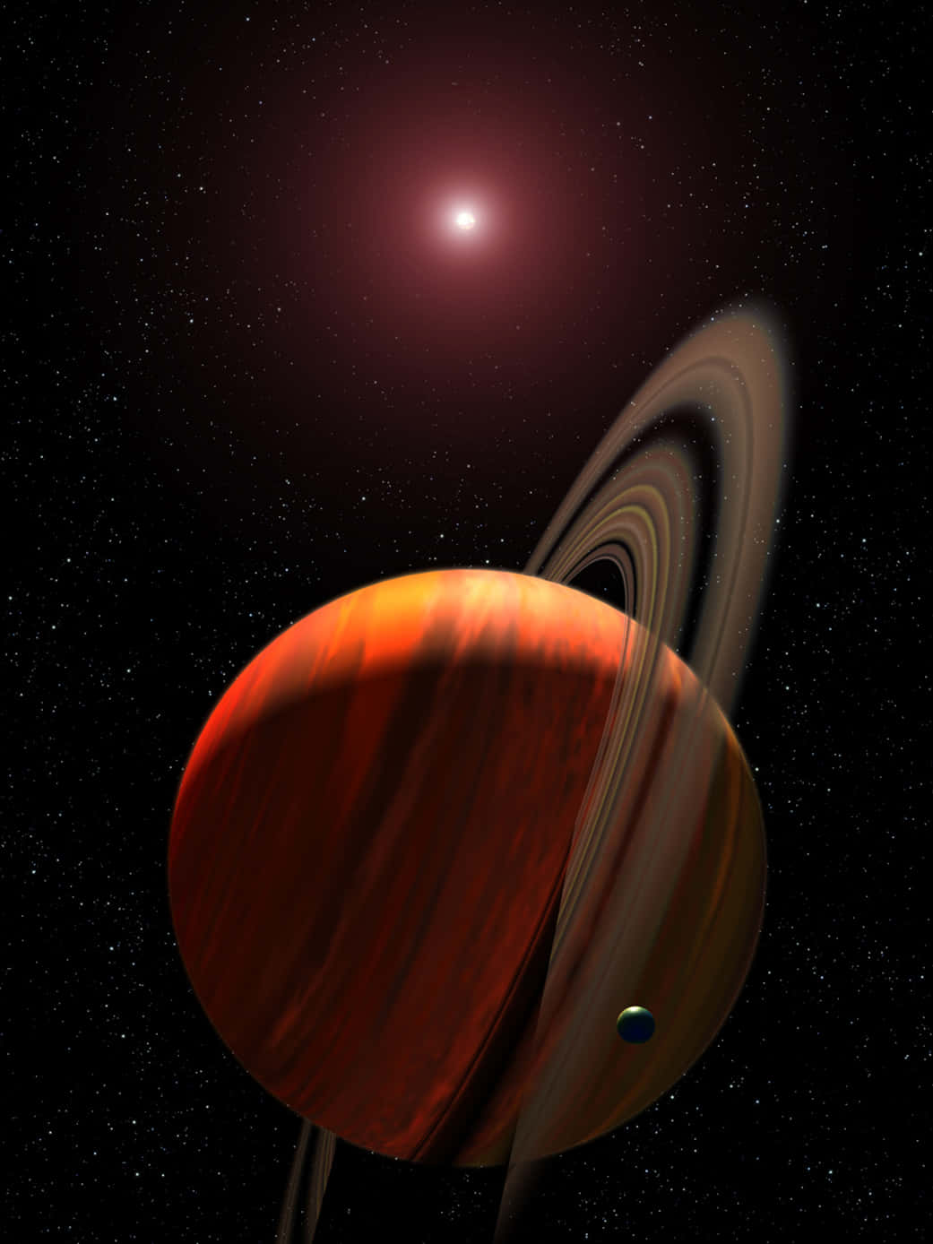 太空 桌布 壁紙 — 一顆鮮紅色的環狀行星圍繞著一顆發光的恆星運行，背景是繁星點點的宇宙，附近有一顆小衛星。