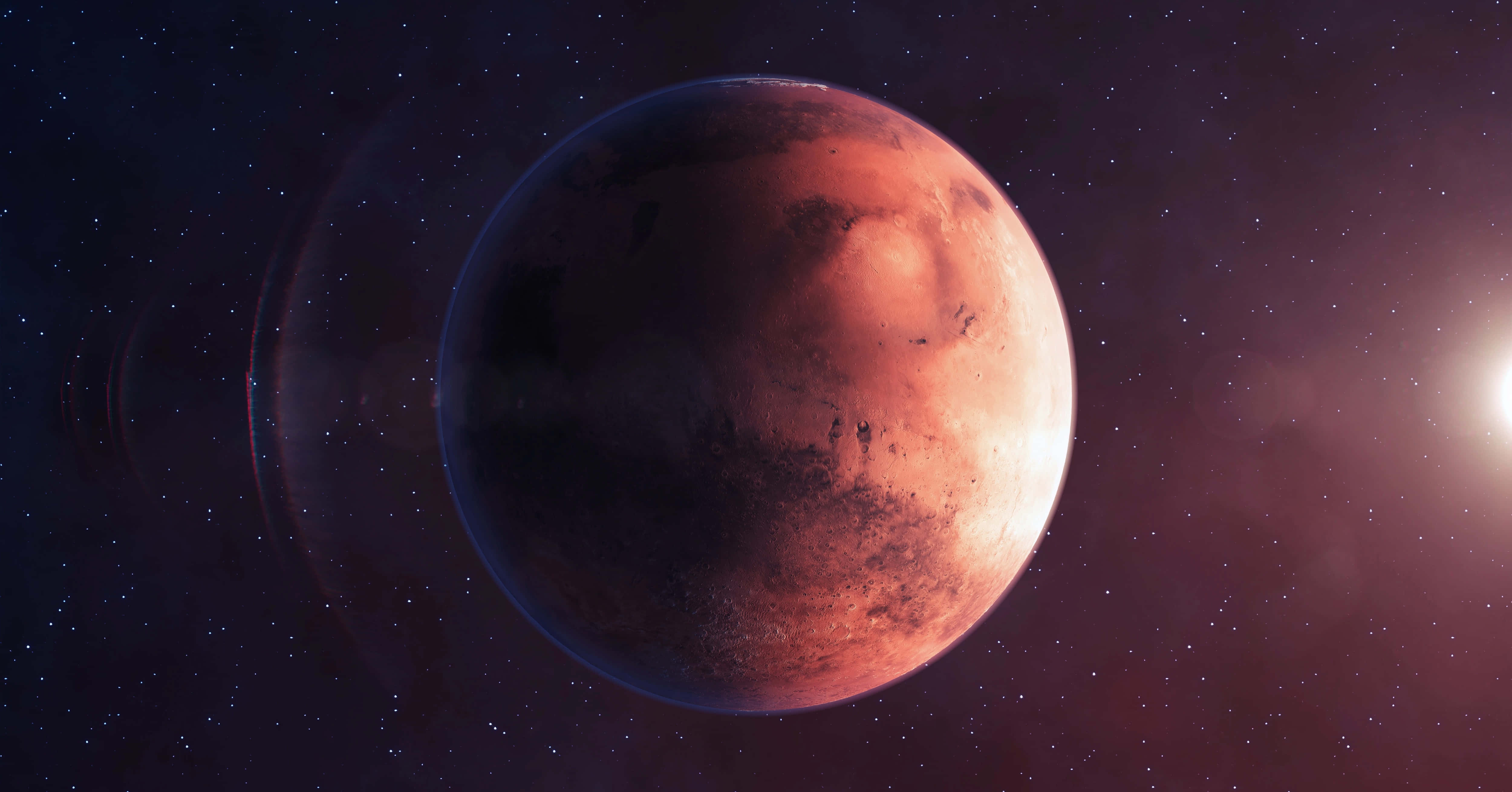 Mars Planet 桌布 壁紙 — 一顆鮮紅色的行星，伴隨著旋轉的沙塵暴，在星光燦爛的宇宙背景下閃耀，明亮的太陽散發出溫暖的光芒。