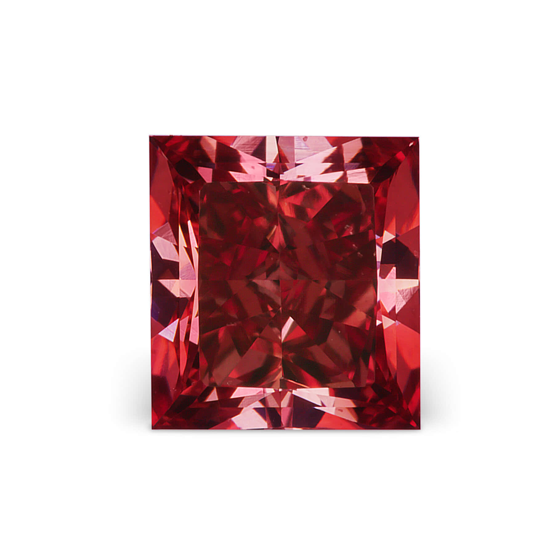 Red Diamond 桌布 壁紙 — 一顆鮮紅色祖母綠切割寶石，帶有閃亮切面和深紅色彩，襯托在純白背景上。