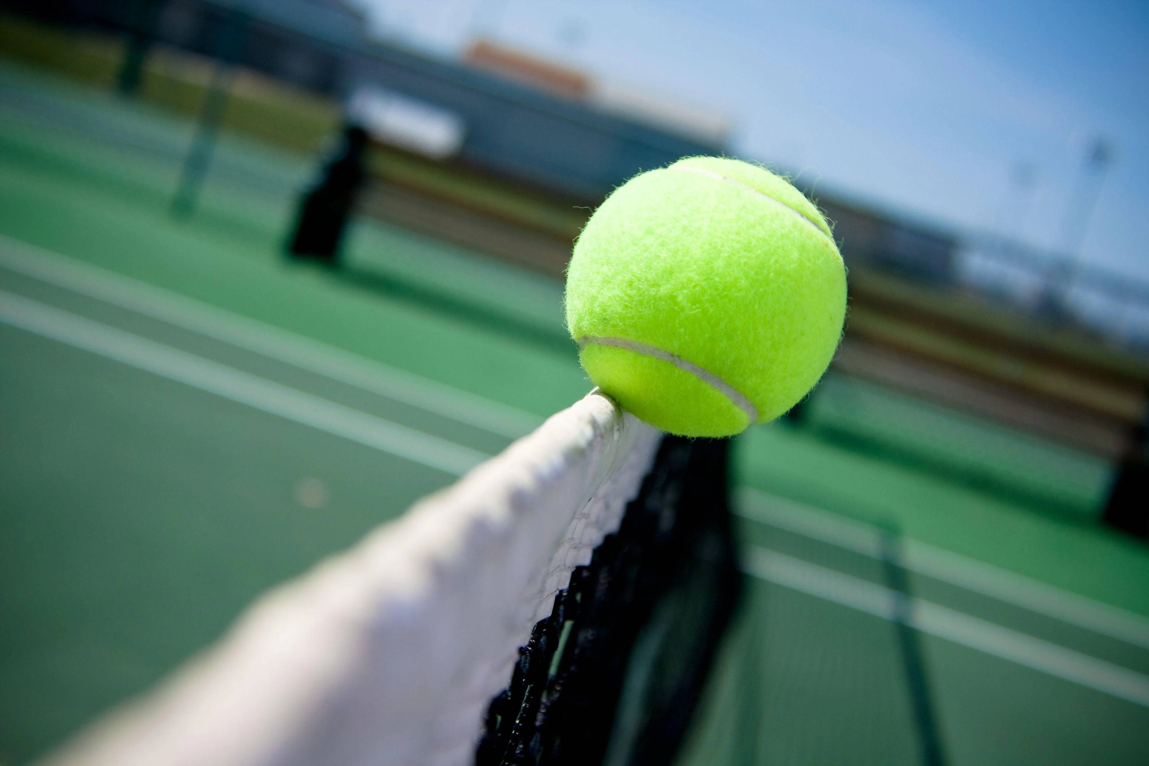 Tennis 桌布 壁紙 — 一顆鮮黃色的網球完美地停在綠色球場的白色球網上，背景是清澈的藍天。