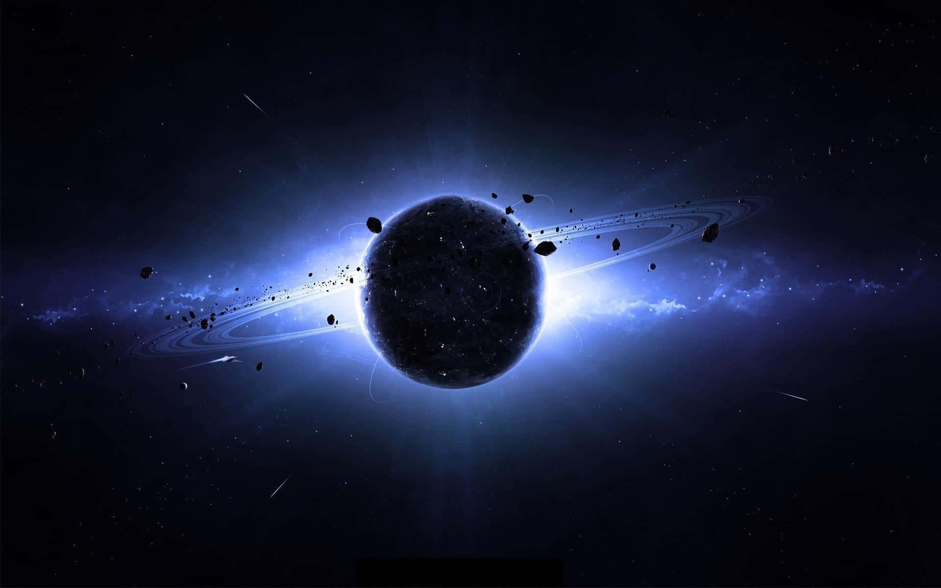 Neptune 桌布 壁紙 — 一顆黑暗的行星，帶有發光的藍色光環和漂浮的小行星，被明亮的宇宙光照亮，背景是繁星點點的虛空。