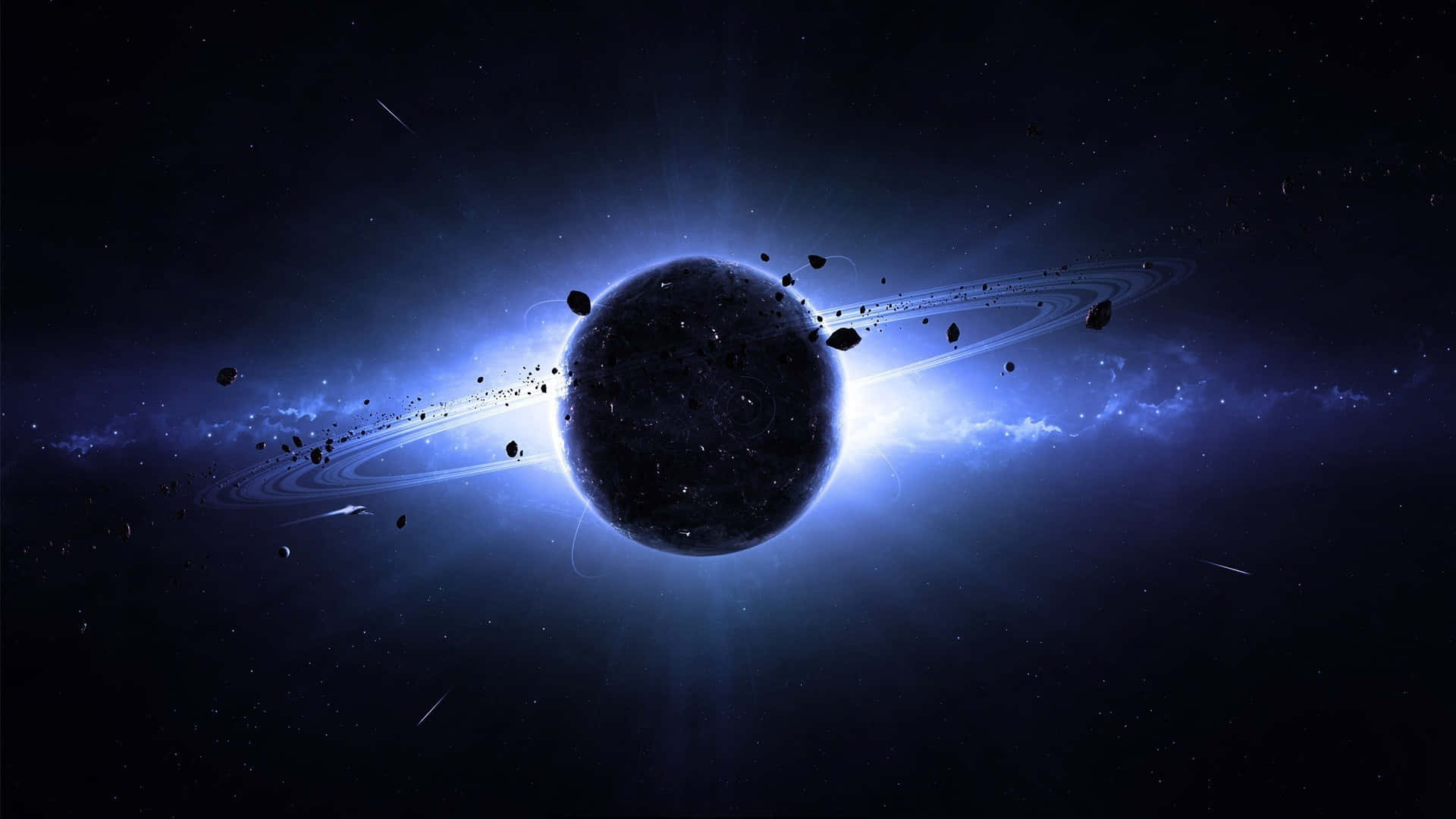 太空美學動圖 桌布 壁紙 — 一顆黑暗的行星，帶有發光的藍色環和漂浮的小行星，被燦爛的宇宙光照亮，背景是繁星點點的虛空。