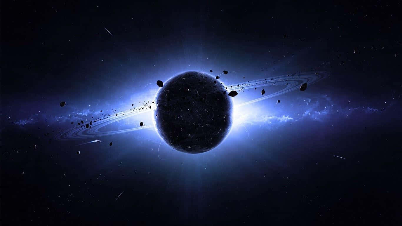 桌布 壁紙 — 一顆黑暗的行星，帶有發光的藍色環和漂浮的小行星，在星光燦爛的宇宙背景下閃耀。