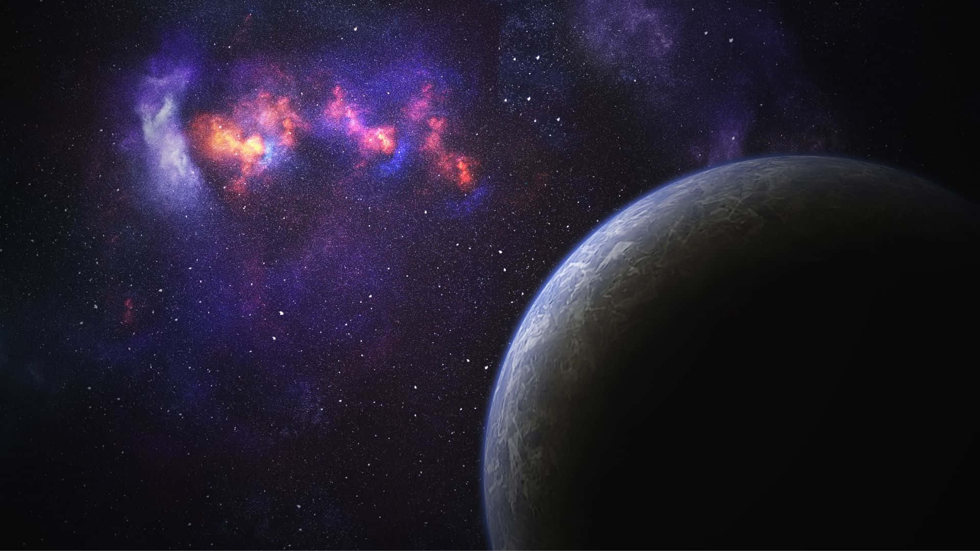 行星動畫 桌布 壁紙 — 一顆黑暗的行星在前景中隱現，背景是散發著紫色、橙色和粉紅色色調的充滿活力的宇宙星雲。