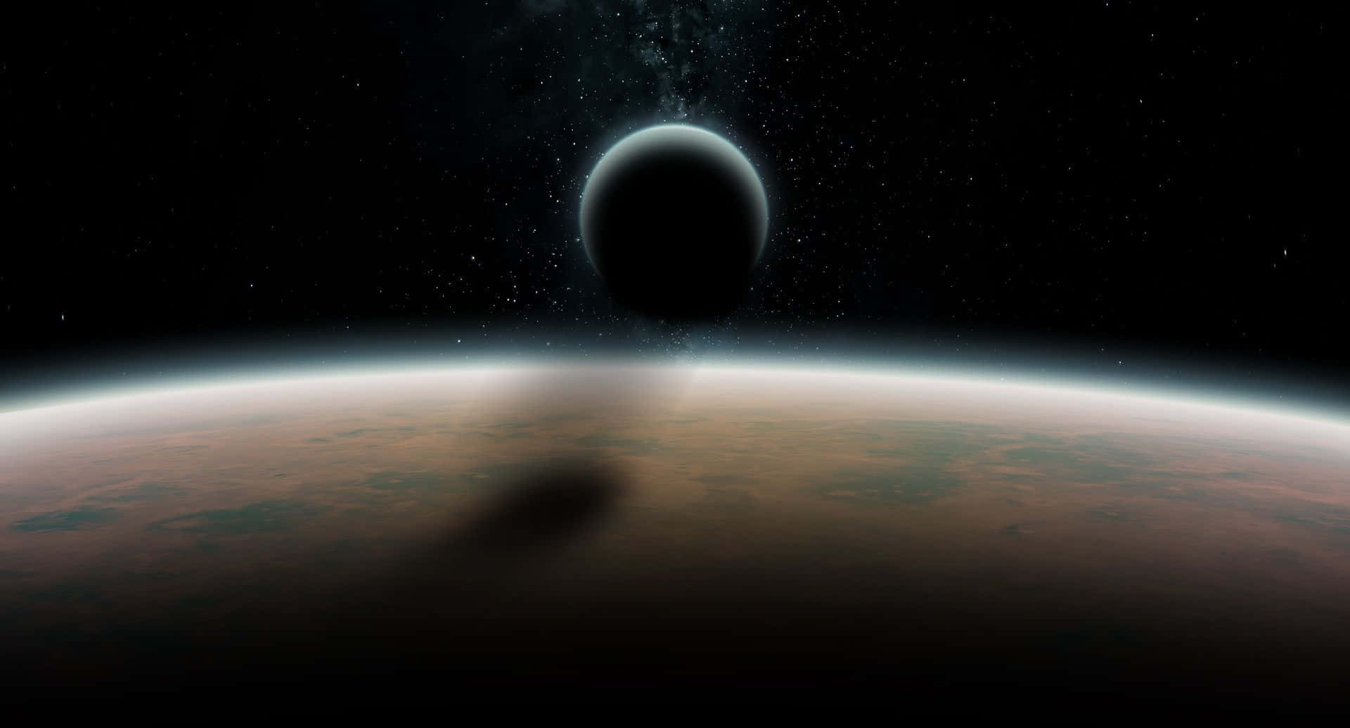 Exoplanet 桌布 壁紙 — 一顆黑暗的行星在繁星點點的宇宙背景下，在紅褐色的外星世界上投下長長的陰影。